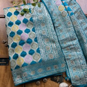 Firozi Blue Satin Silk Woven Zari Meenakari Saree with Heavy Dupatta