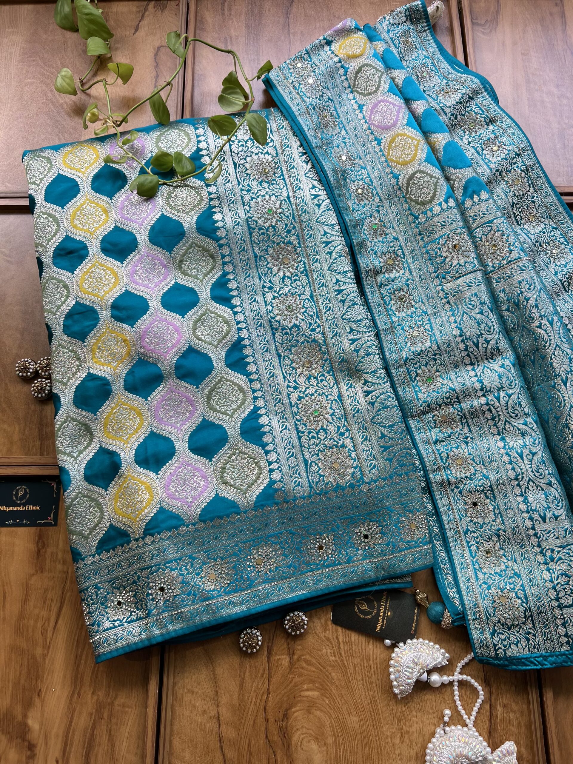 Firozi Blue Satin Silk Woven Zari Meenakari Saree with Heavy Dupatta