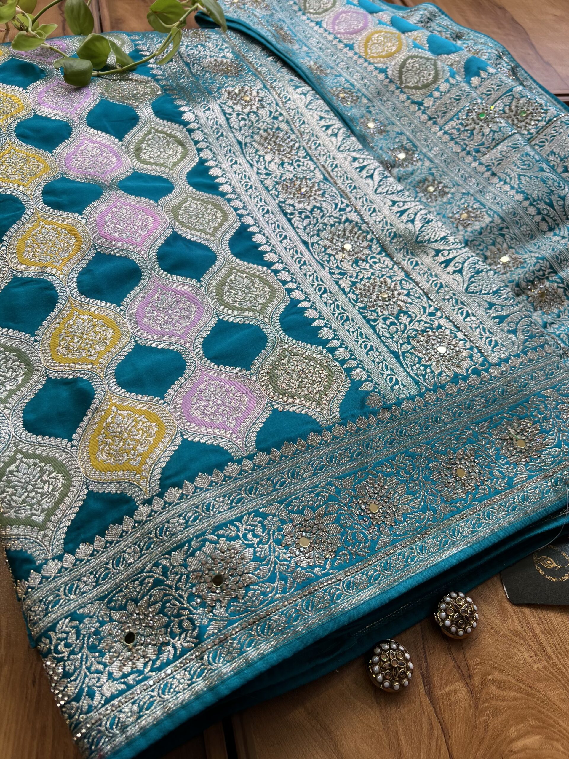 Firozi Blue Satin Silk Woven Zari Meenakari Saree with Heavy Dupatta - Image 2