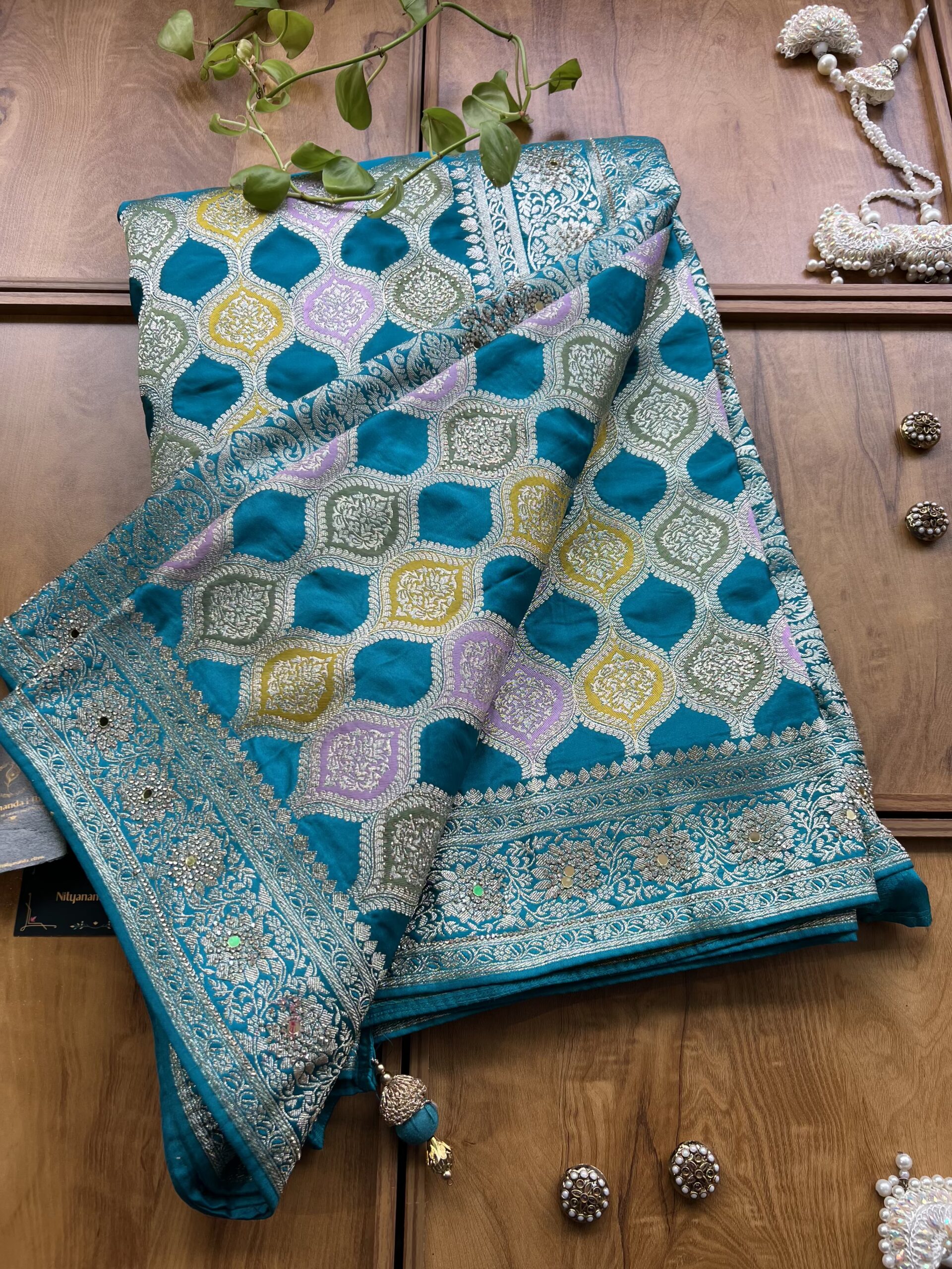 Firozi Blue Satin Silk Woven Zari Meenakari Saree with Heavy Dupatta - Image 3