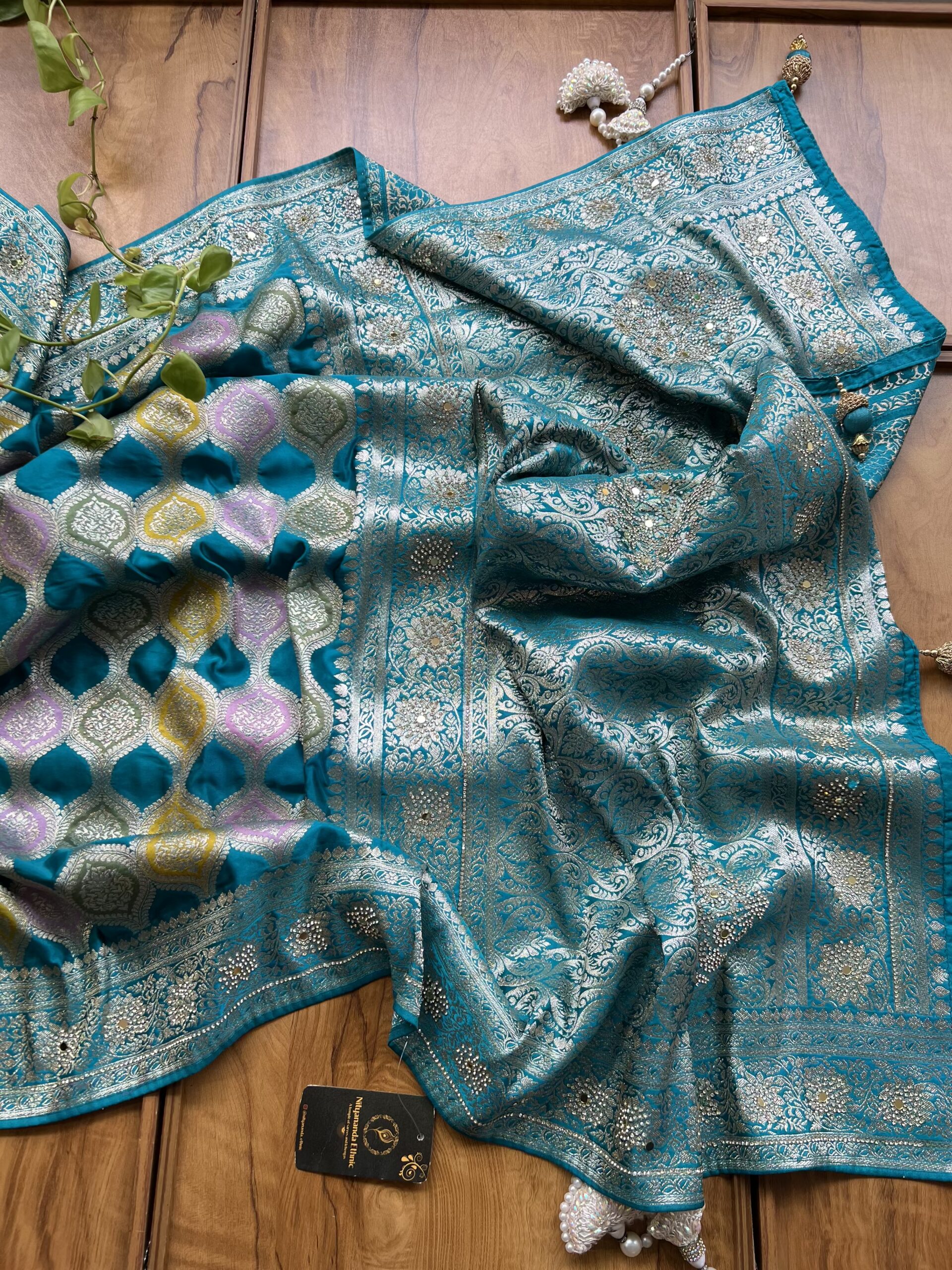 Firozi Blue Satin Silk Woven Zari Meenakari Saree with Heavy Dupatta - Image 4