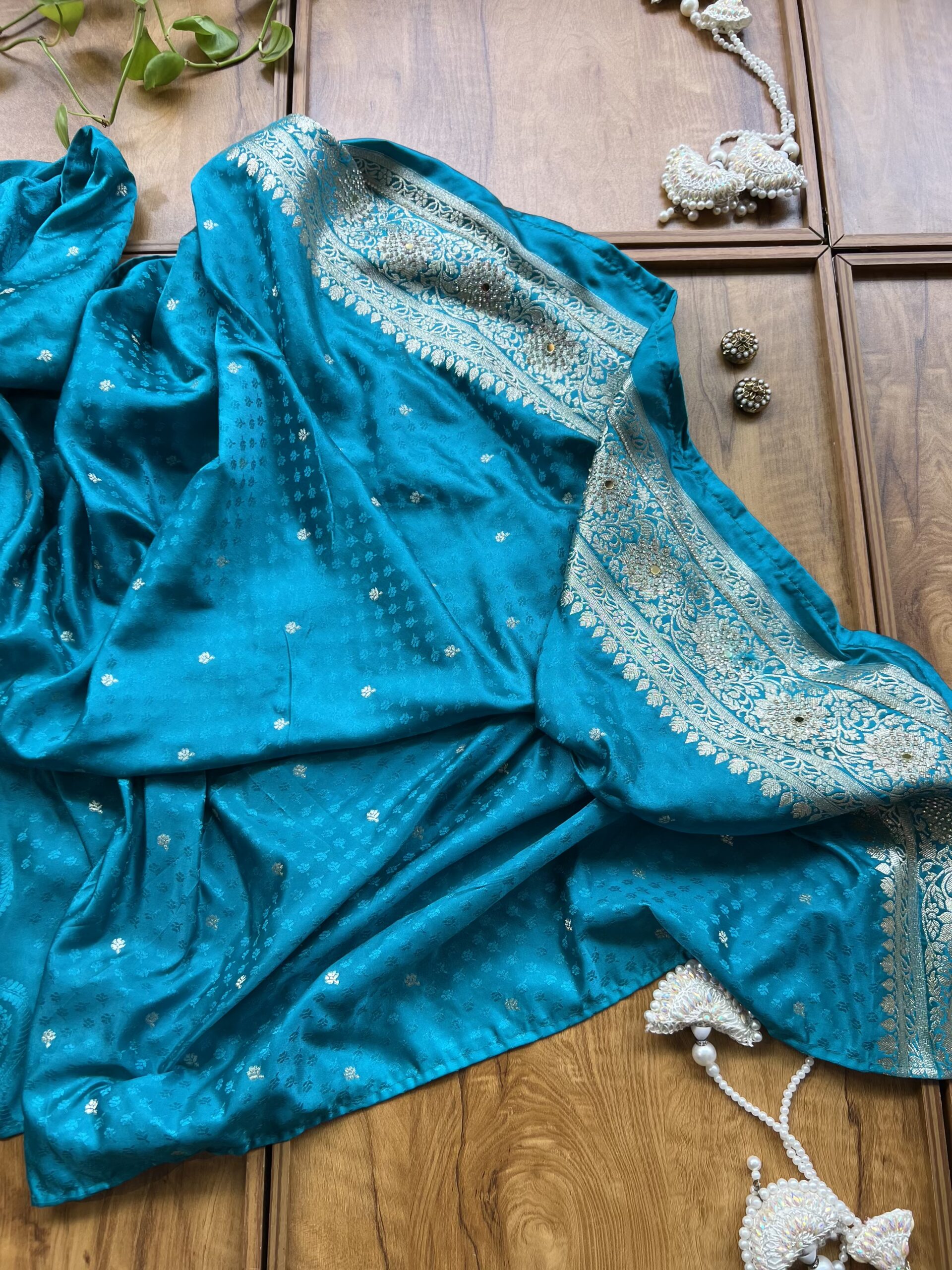 Firozi Blue Satin Silk Woven Zari Meenakari Saree with Heavy Dupatta - Image 6