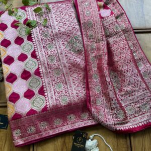 Cherry Red Satin Silk Woven Zari Meenakari Saree with Heavy Dupatta