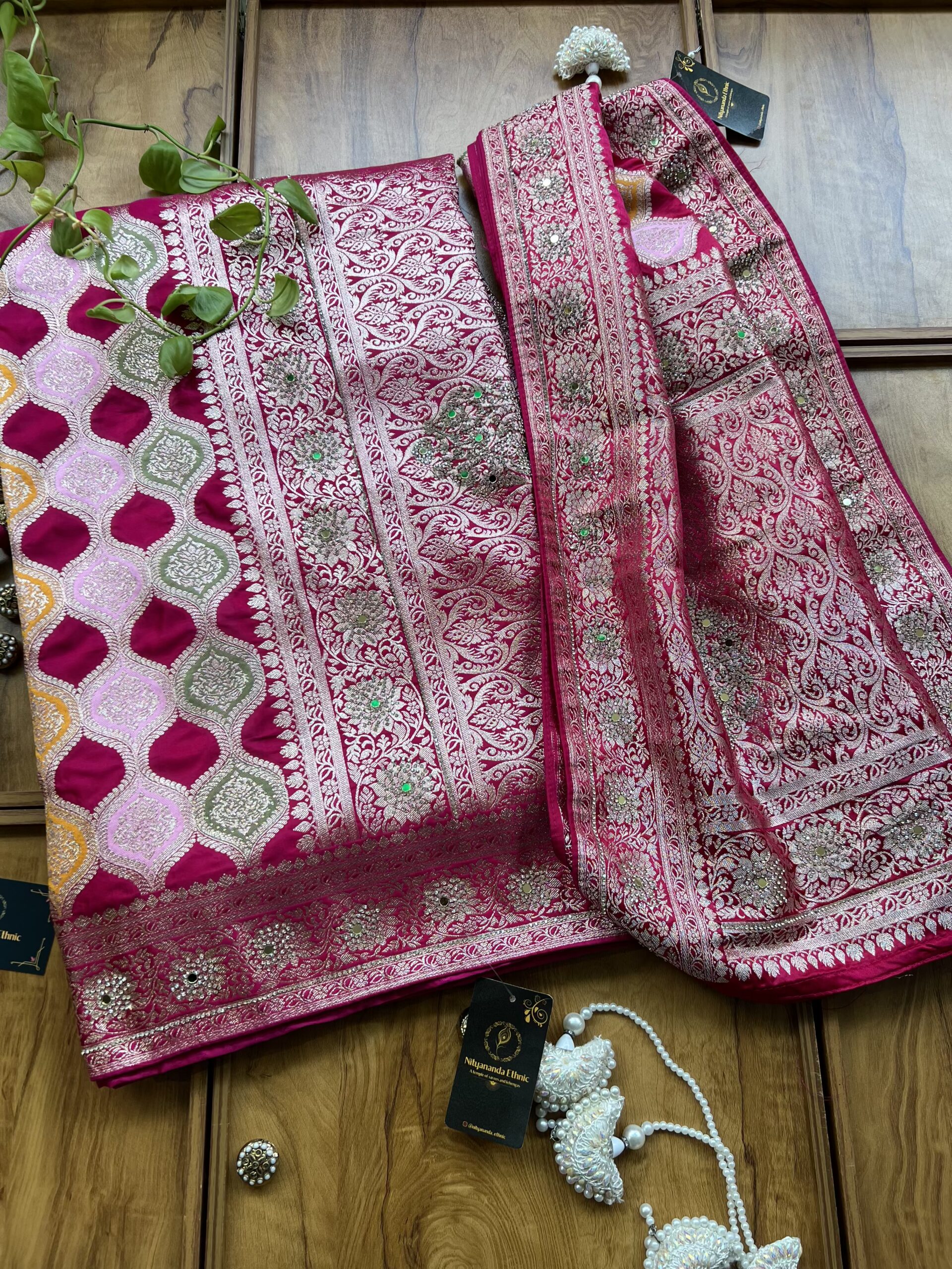 Cherry Red Satin Silk Woven Zari Meenakari Saree with Heavy Dupatta