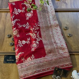 Red Satin Silk Woven Khaddi Work 3D Motifs Bel Jaal Saree