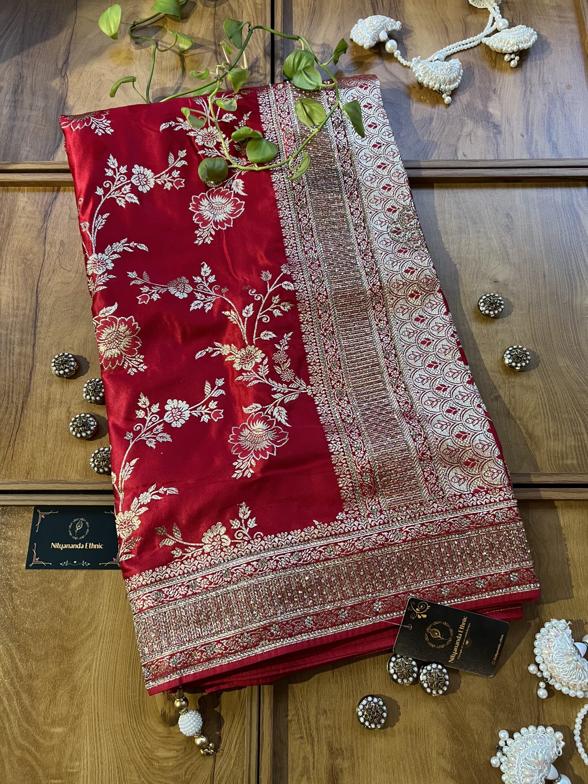 Red Satin Silk Woven Khaddi Work 3D Motifs Bel Jaal Saree