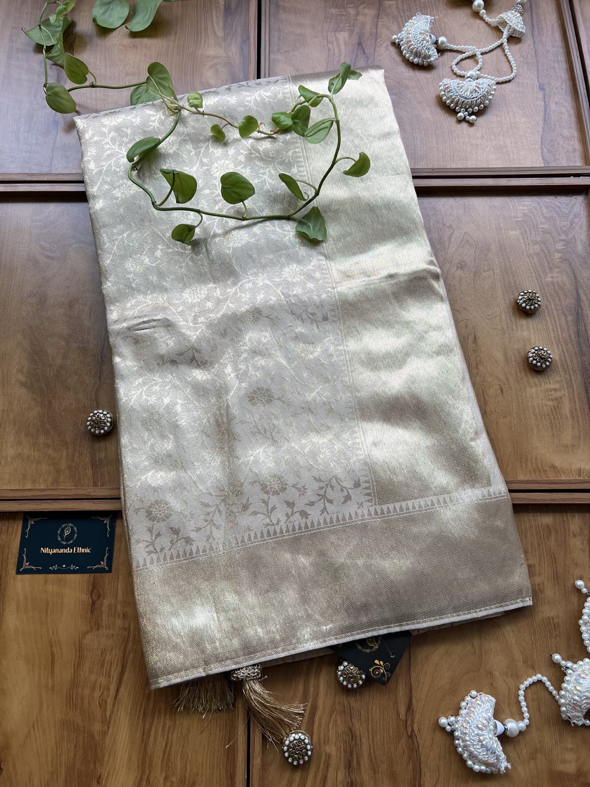 Cream Gold Silk Motifs Artwork Woven Saree