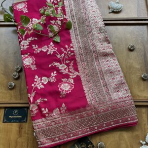 Magenta Satin Silk Woven Khaddi Work 3D Motifs Bel Jaal Saree