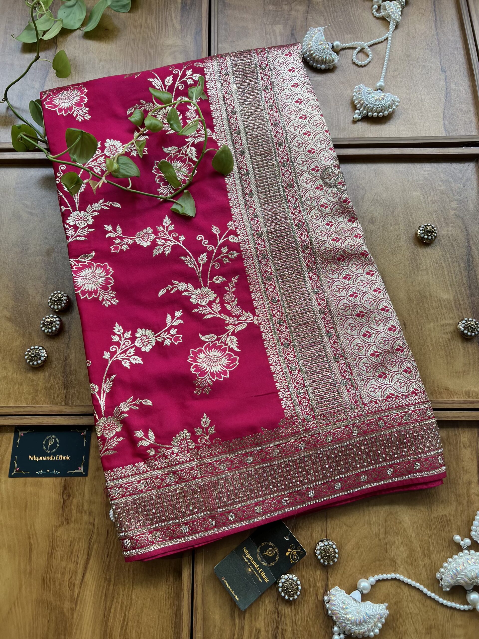 Magenta Satin Silk Woven Khaddi Work 3D Motifs Bel Jaal Saree