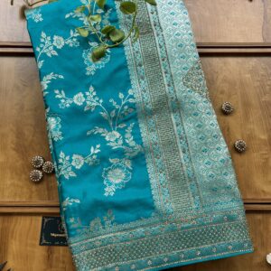 Firozi Satin Silk Woven Khaddi Work 3D Motifs Bel Jaal Saree