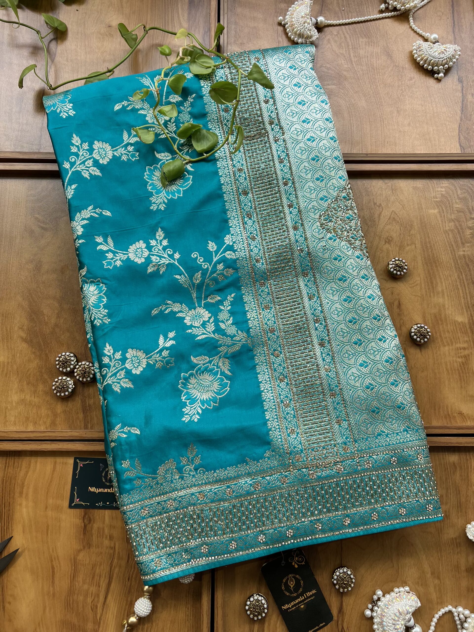 Firozi Satin Silk Woven Khaddi Work 3D Motifs Bel Jaal Saree