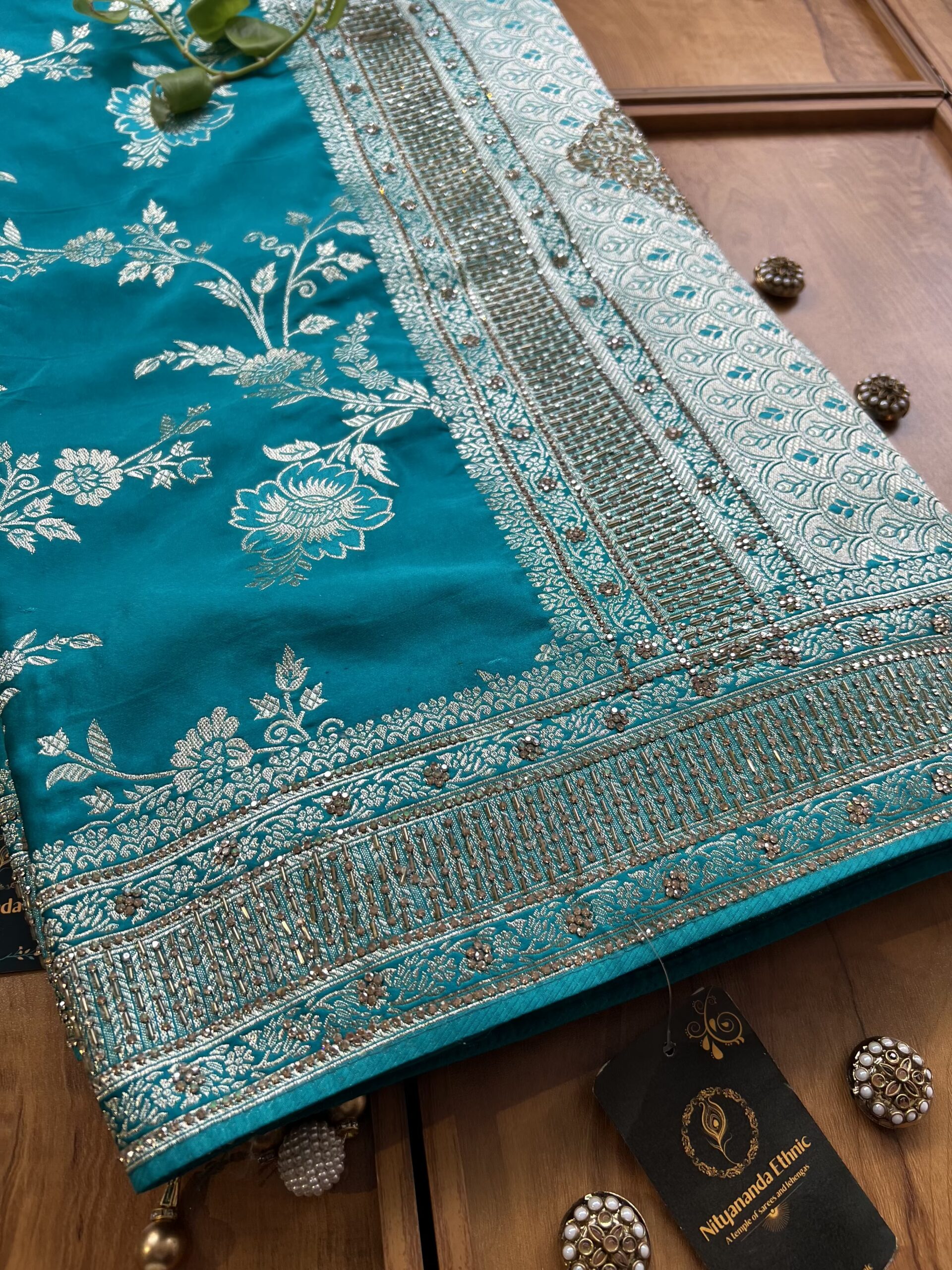 Firozi Satin Silk Woven Khaddi Work 3D Motifs Bel Jaal Saree - Image 2