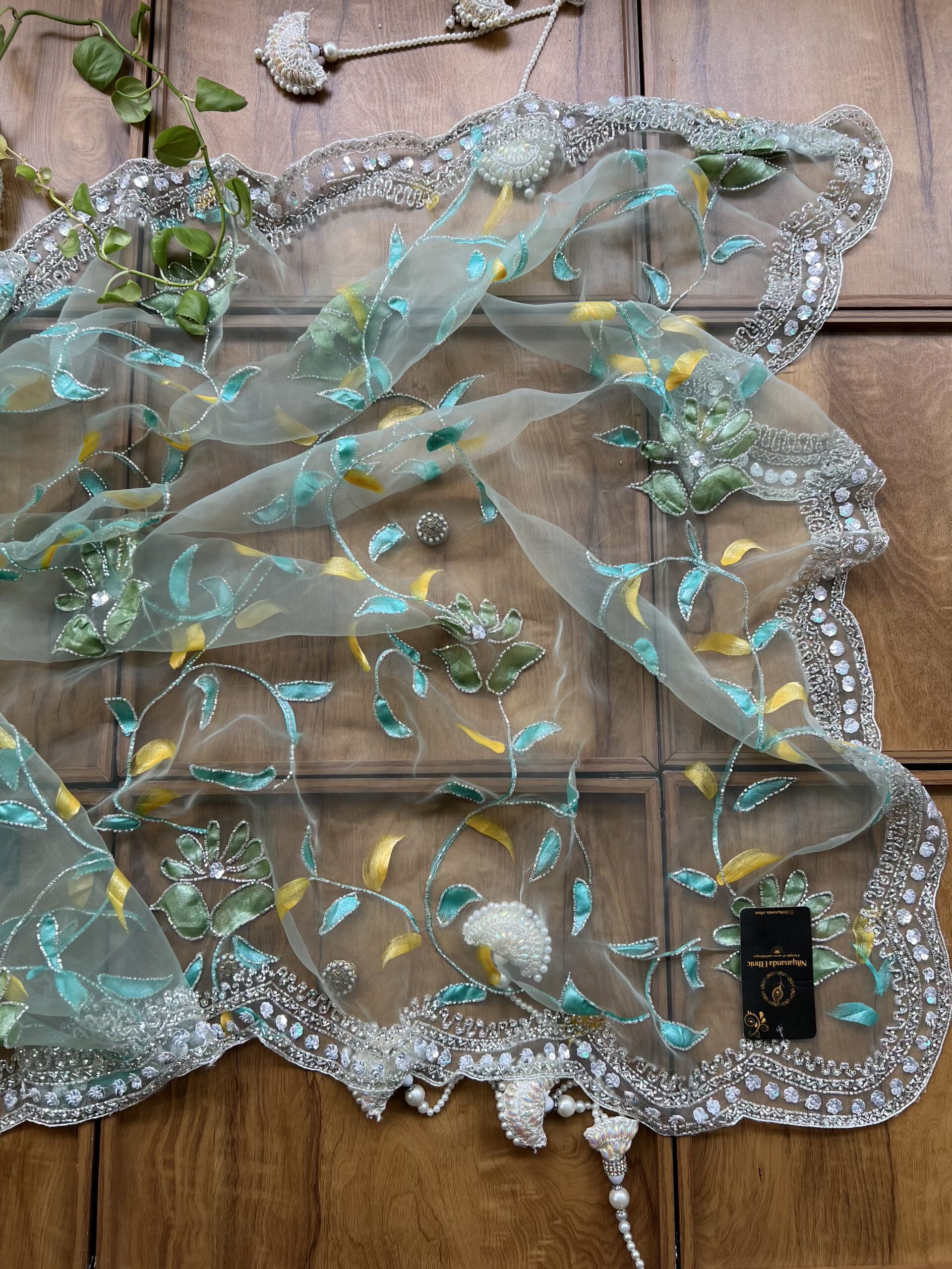 Pastel Blue Gloss Tissue Hand Painted Floral Saree with Hand Embroidery - Image 5