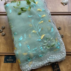 Pastel Blue Gloss Tissue Hand Painted Floral Saree with Hand Embroidery