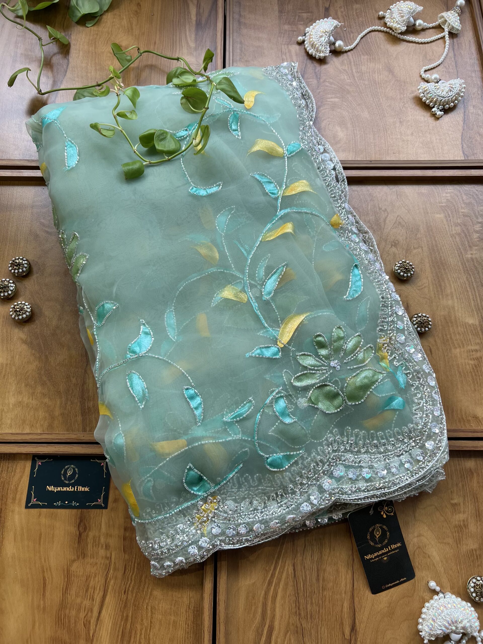 Pastel Blue Gloss Tissue Hand Painted Floral Saree with Hand Embroidery