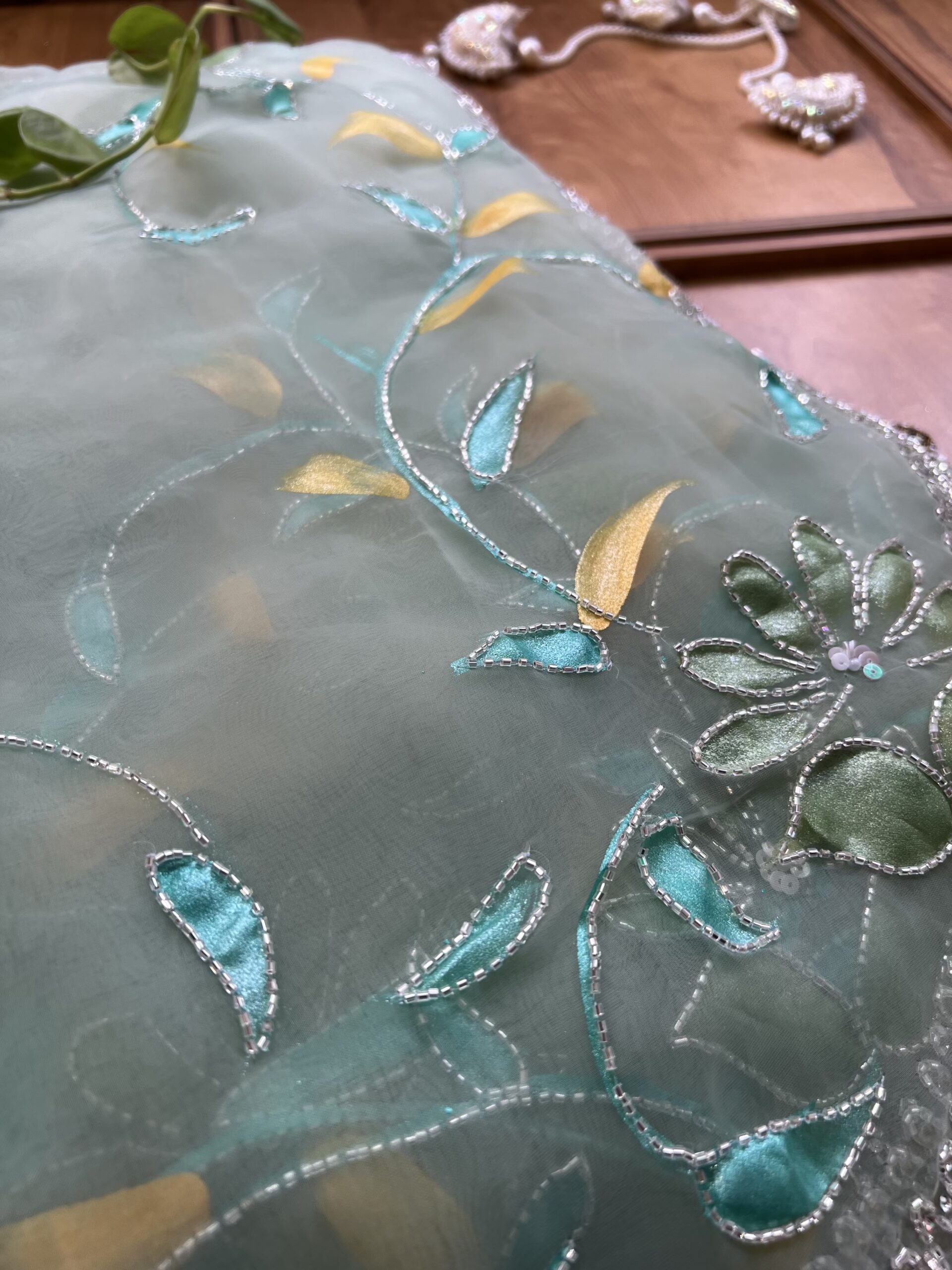Pastel Blue Gloss Tissue Hand Painted Floral Saree with Hand Embroidery - Image 3