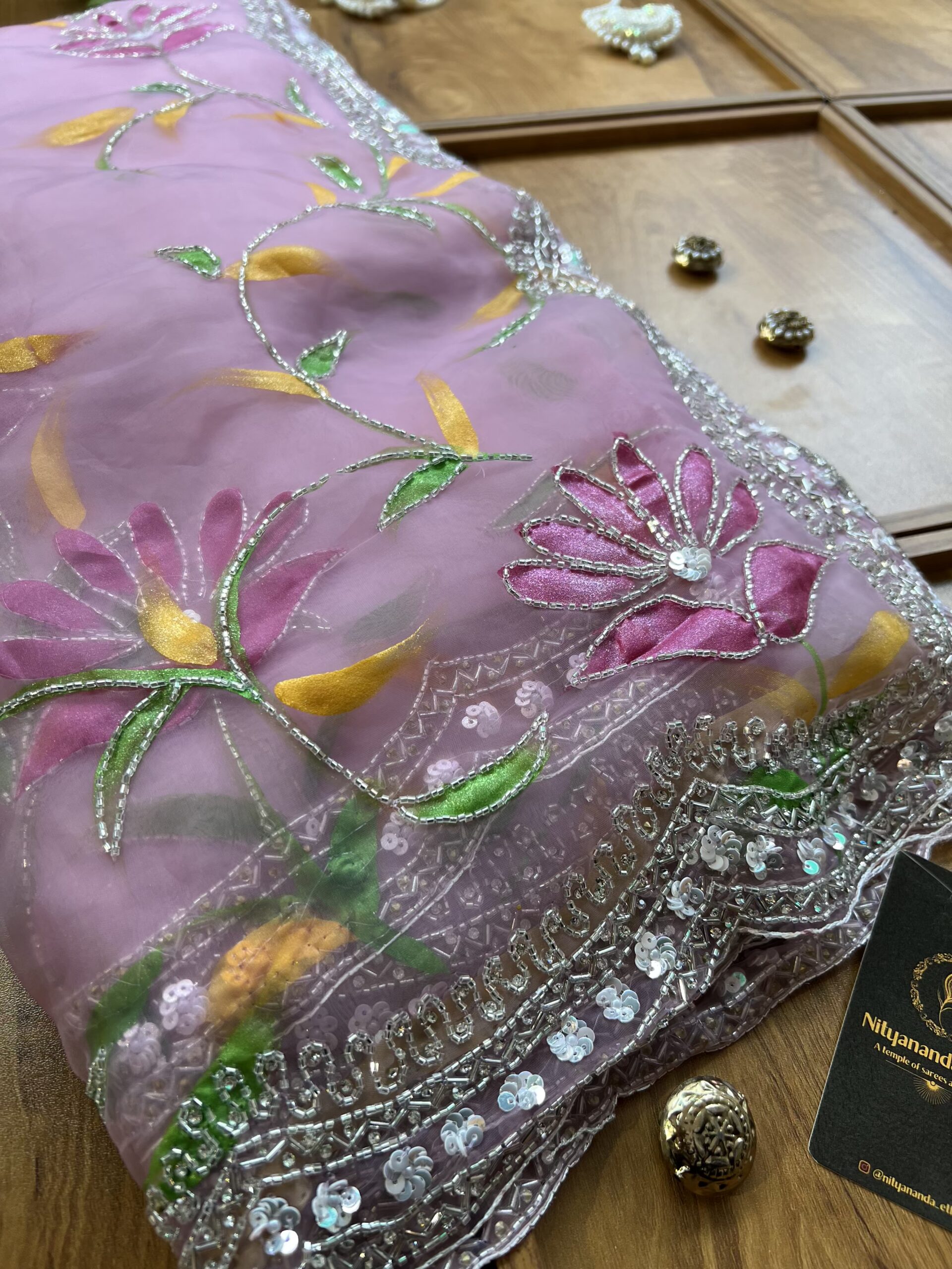Baby Pink Gloss Tissue Hand Painted Floral Saree with Hand Embroidery - Image 3