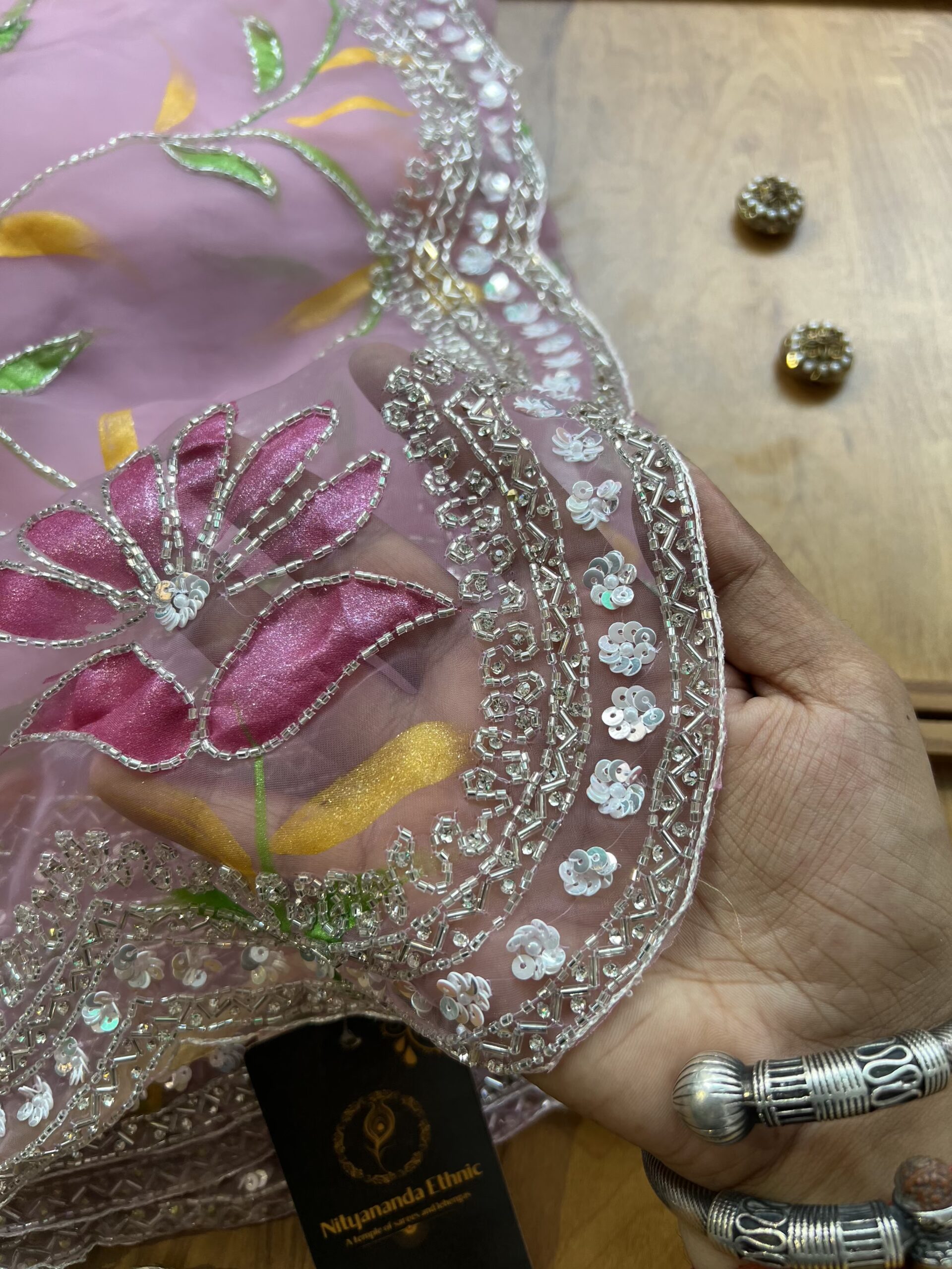 Baby Pink Gloss Tissue Hand Painted Floral Saree with Hand Embroidery - Image 4