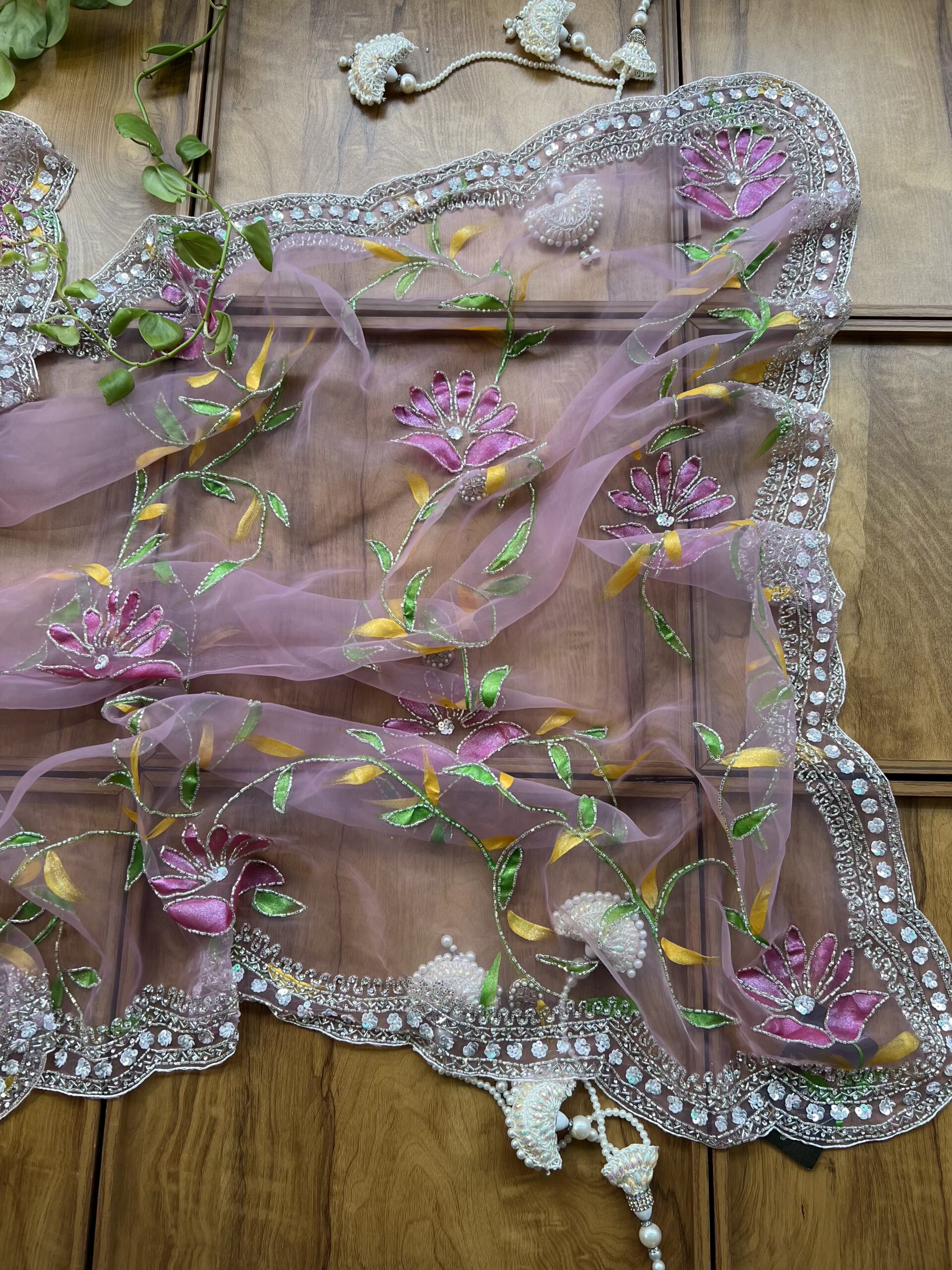 Baby Pink Gloss Tissue Hand Painted Floral Saree with Hand Embroidery - Image 5