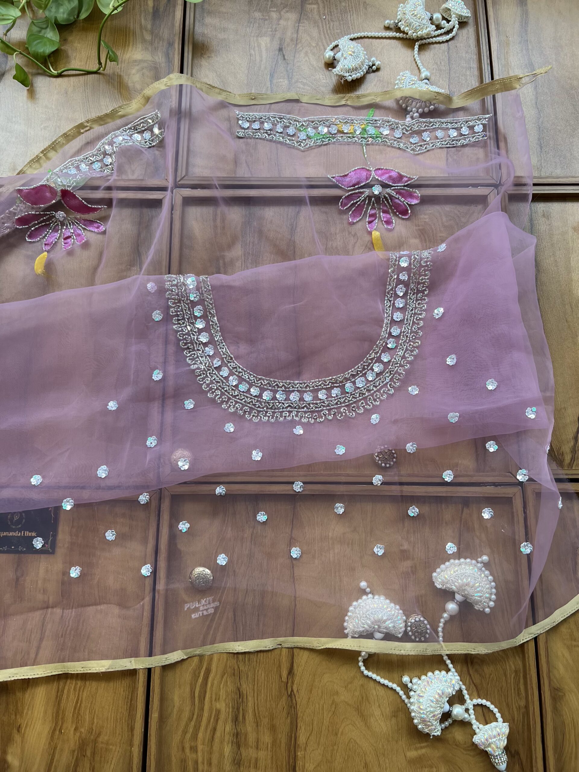 Baby Pink Gloss Tissue Hand Painted Floral Saree with Hand Embroidery - Image 7