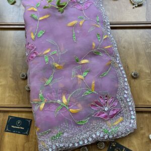 Baby Pink Gloss Tissue Hand Painted Floral Saree with Hand Embroidery