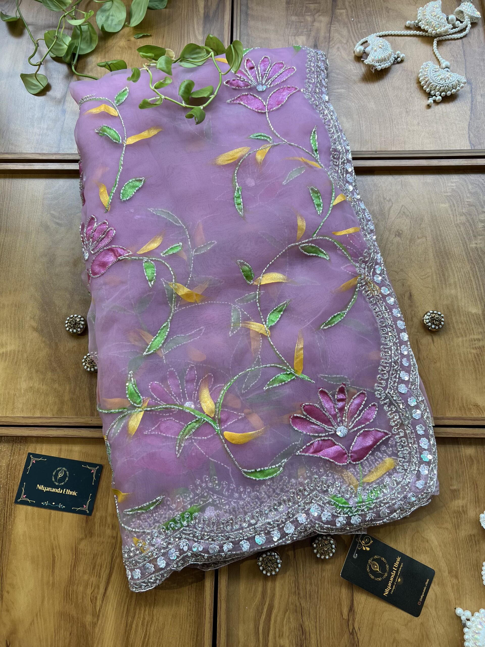 Baby Pink Gloss Tissue Hand Painted Floral Saree with Hand Embroidery
