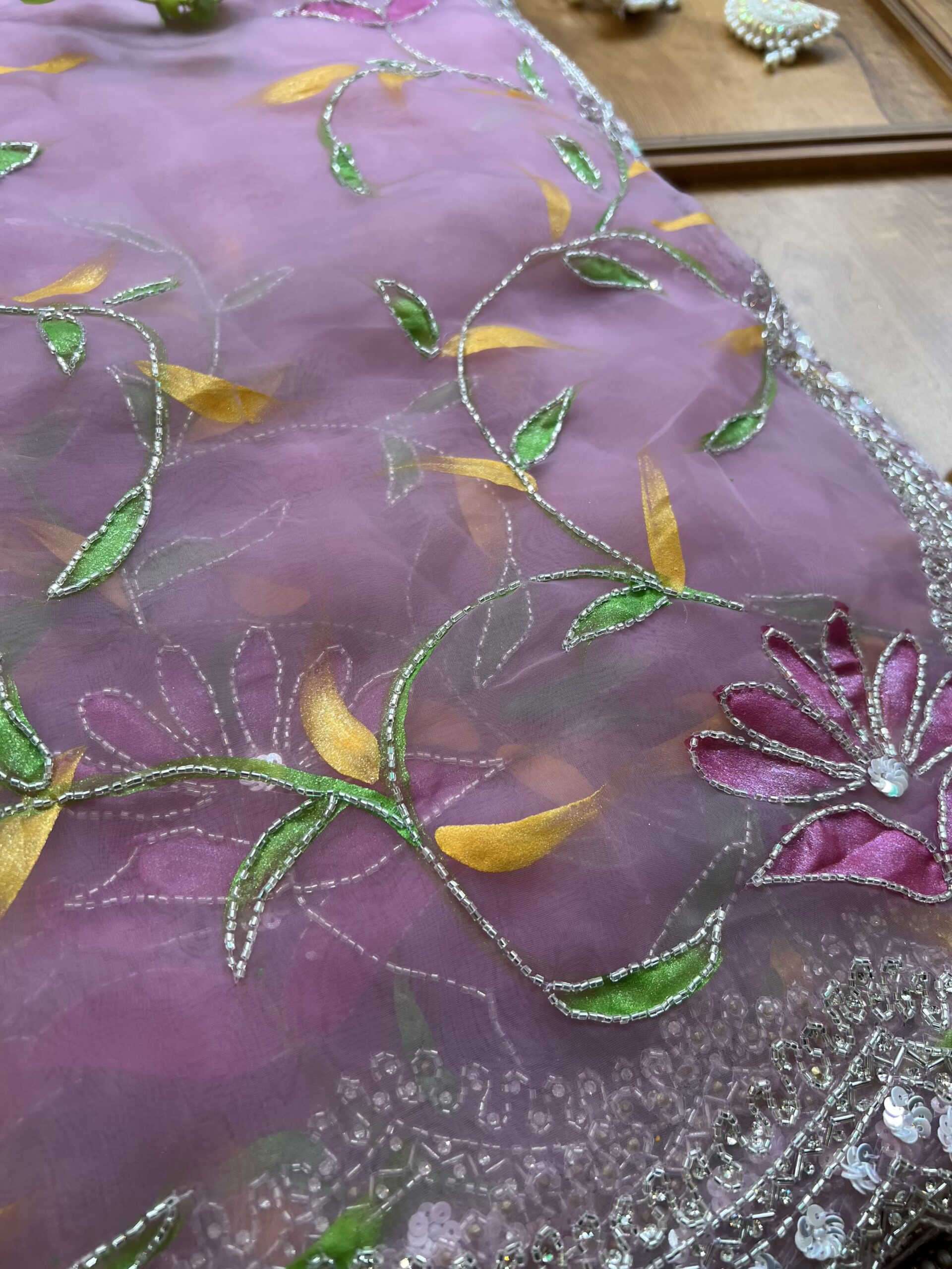 Baby Pink Gloss Tissue Hand Painted Floral Saree with Hand Embroidery - Image 2