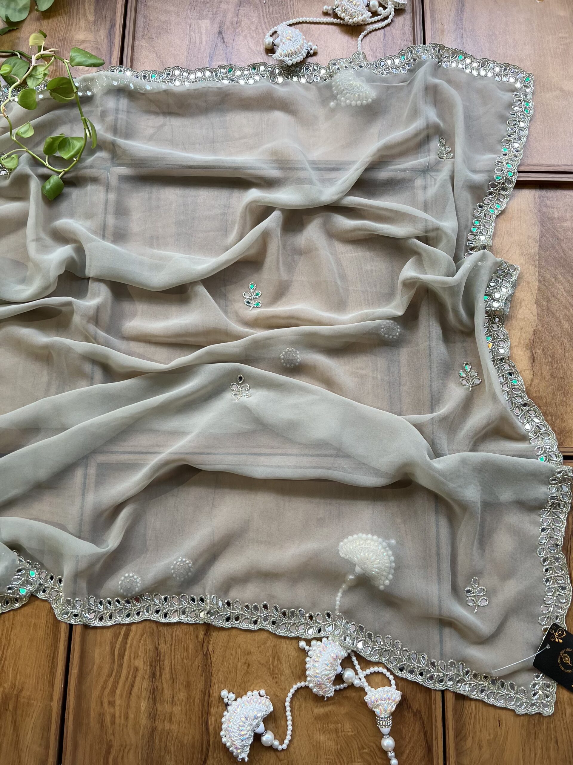 Slate Grey Georgette Handwork Mirror Border Saree - Image 4