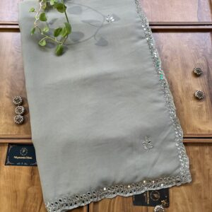 Slate Grey Georgette Handwork Mirror Border Saree
