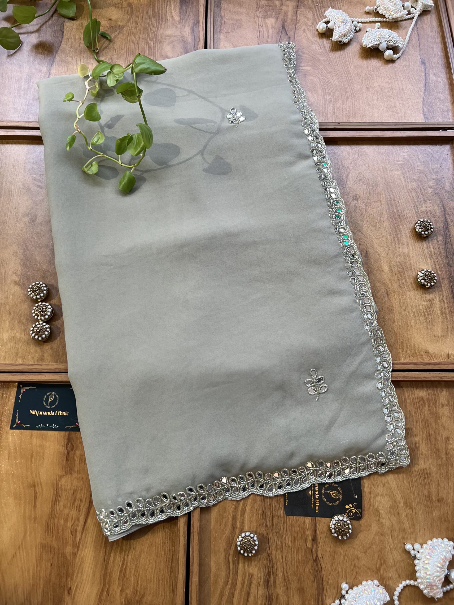 Slate Grey Georgette Handwork Mirror Border Saree
