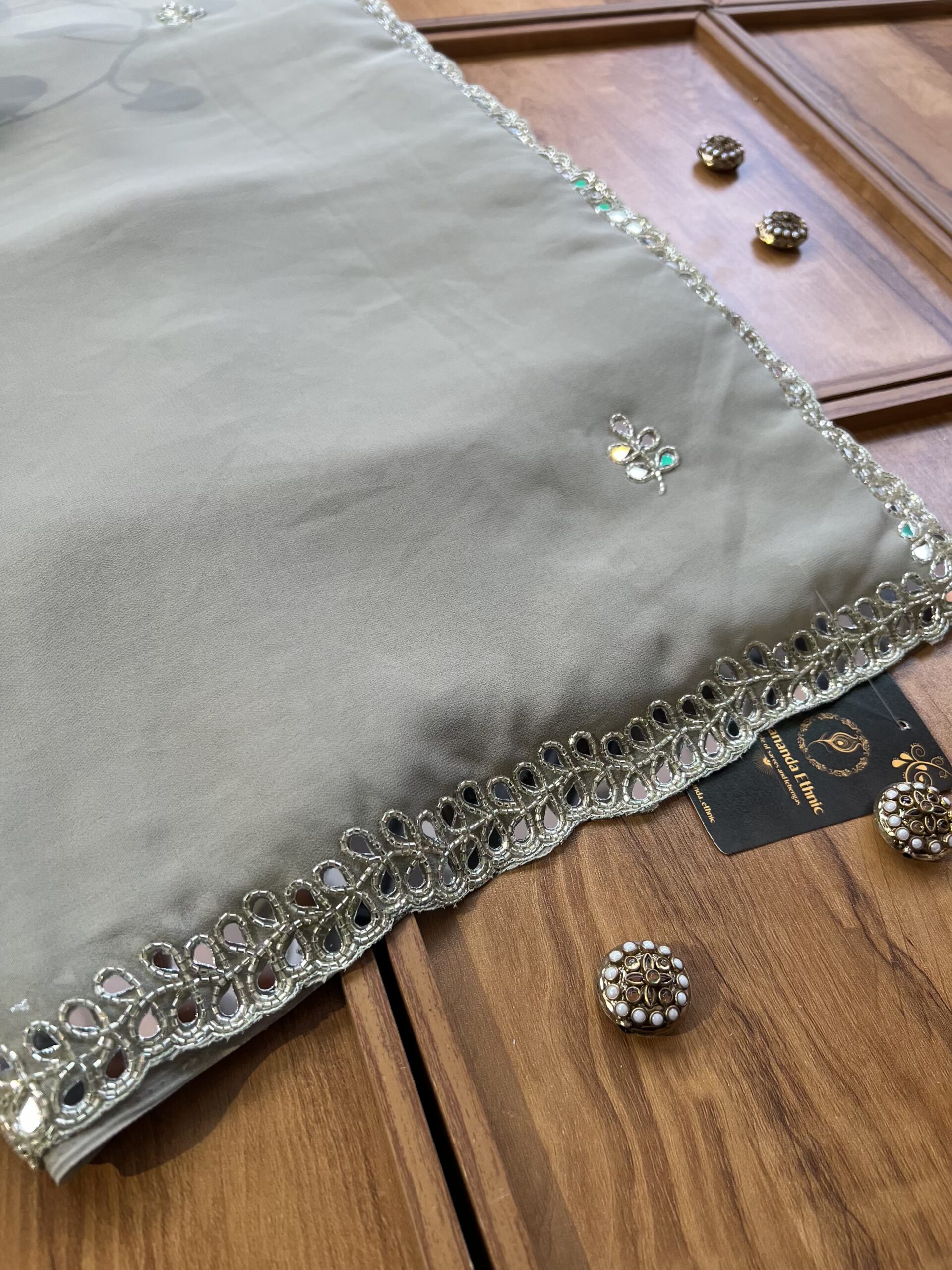 Slate Grey Georgette Handwork Mirror Border Saree - Image 2