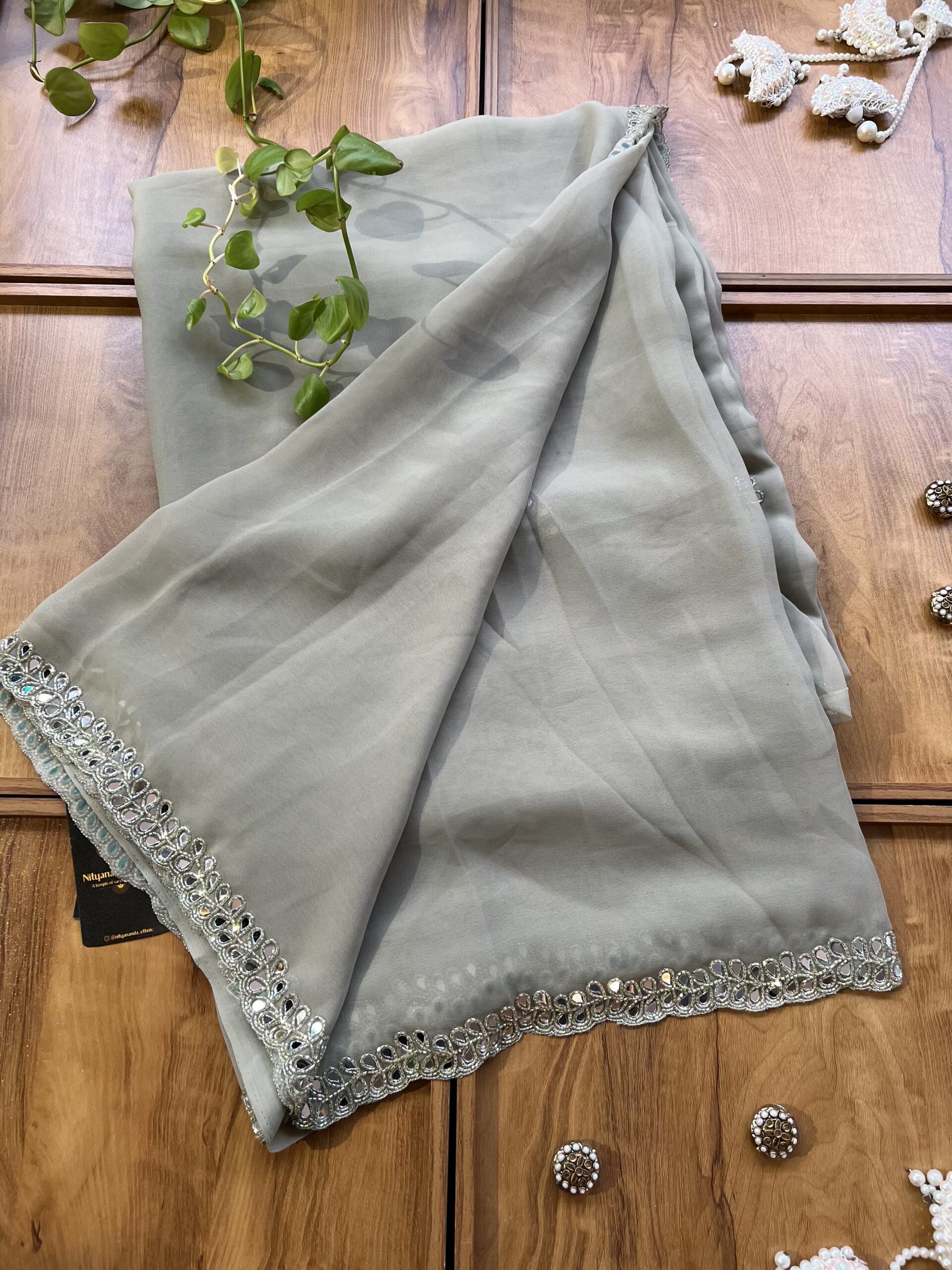 Slate Grey Georgette Handwork Mirror Border Saree - Image 3