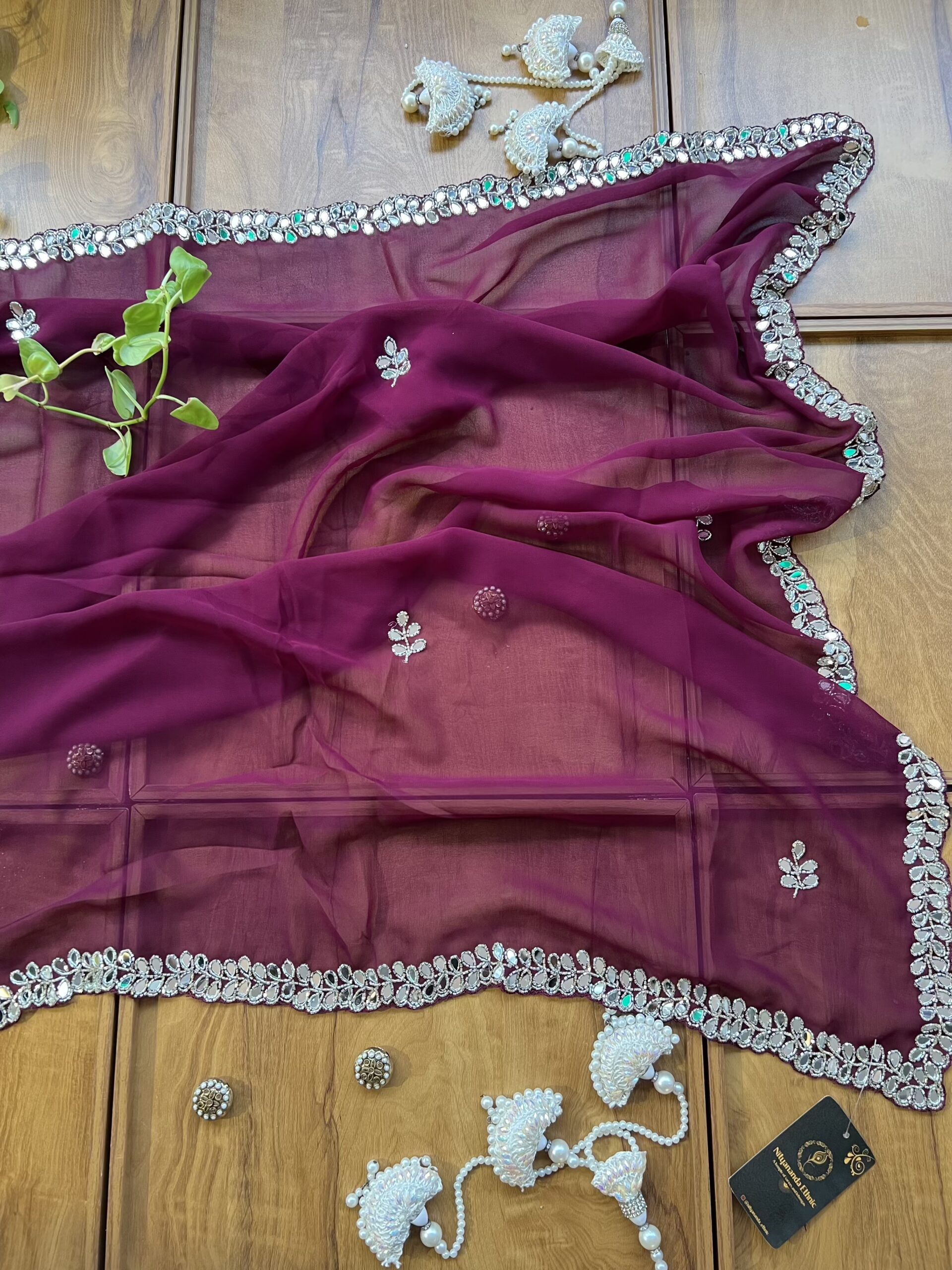 Wine Georgette Handwork Mirror Border Saree - Image 4