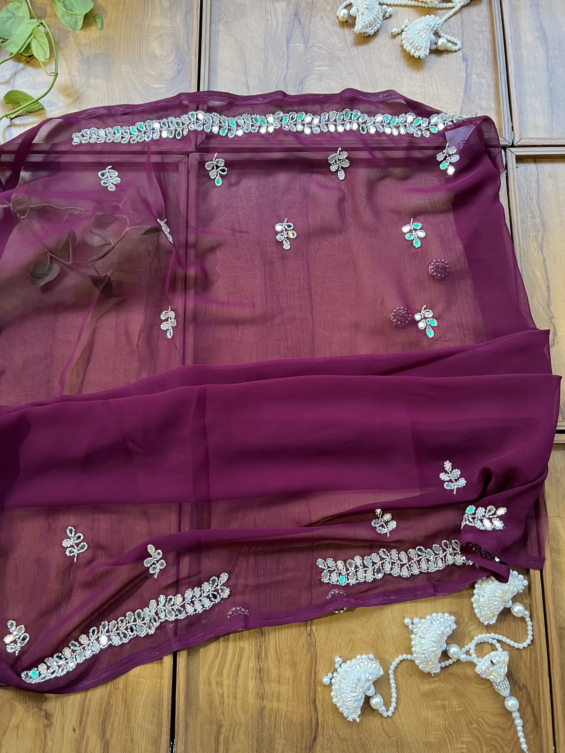 Wine Georgette Handwork Mirror Border Saree - Image 5