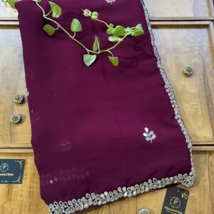 Wine Georgette Handwork Mirror Border Saree