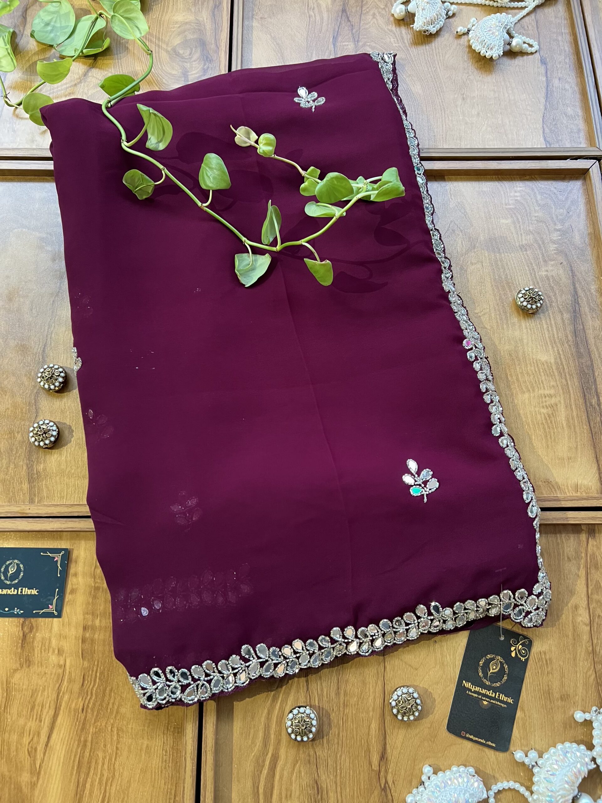 Wine Georgette Handwork Mirror Border Saree