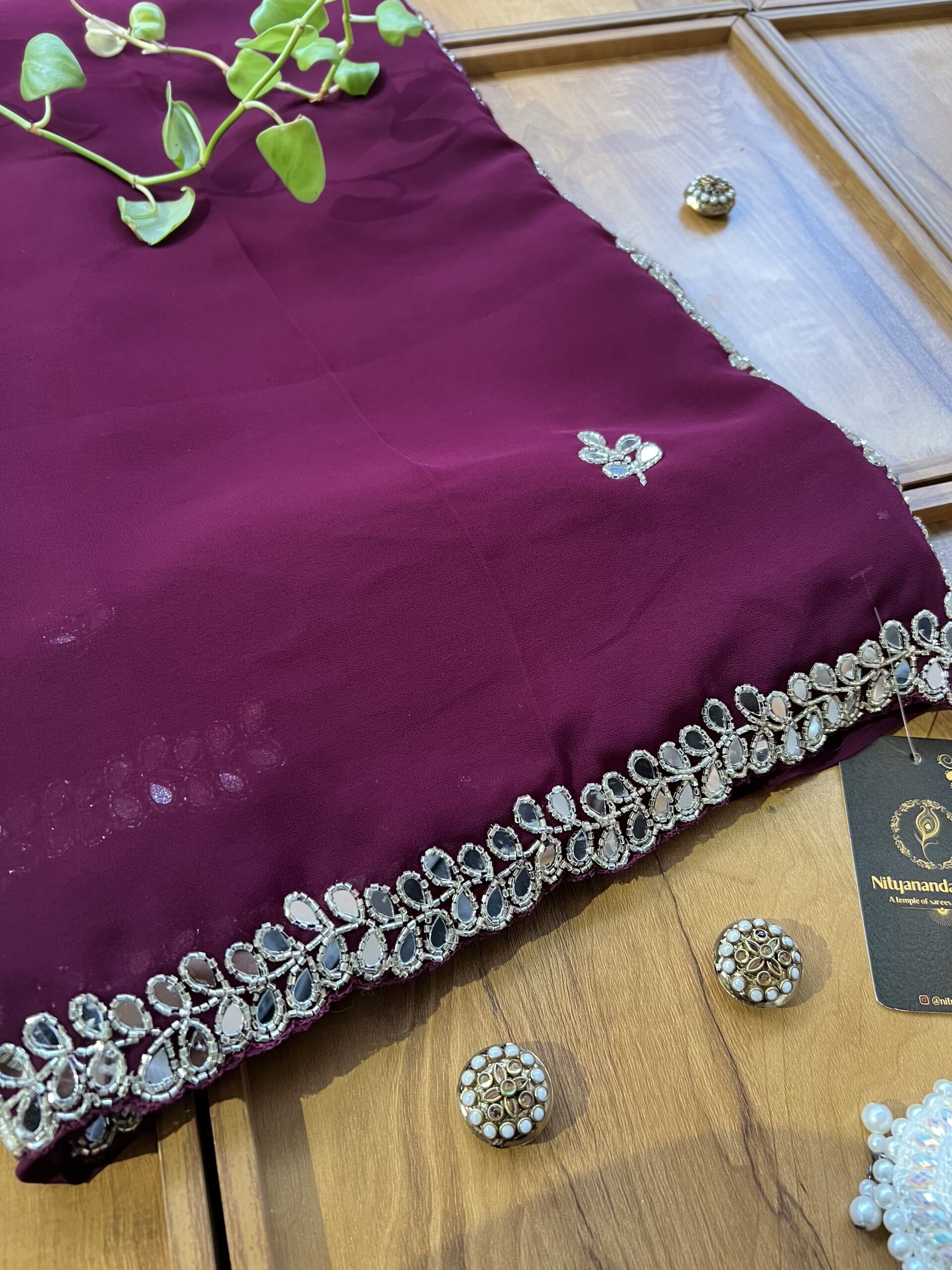 Wine Georgette Handwork Mirror Border Saree - Image 2