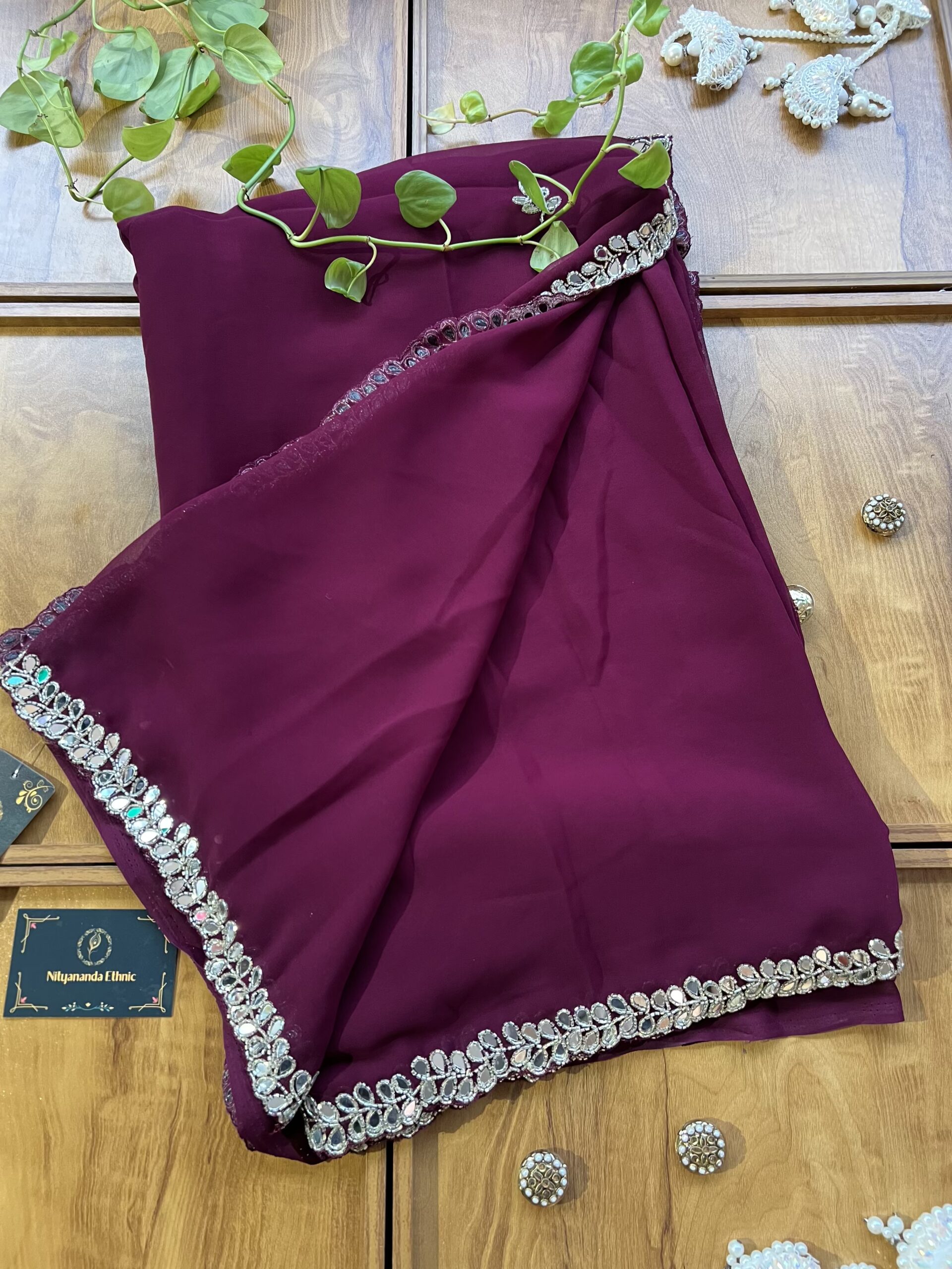 Wine Georgette Handwork Mirror Border Saree - Image 3