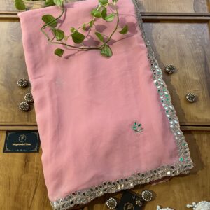 Pink Georgette Handwork Mirror Border Saree