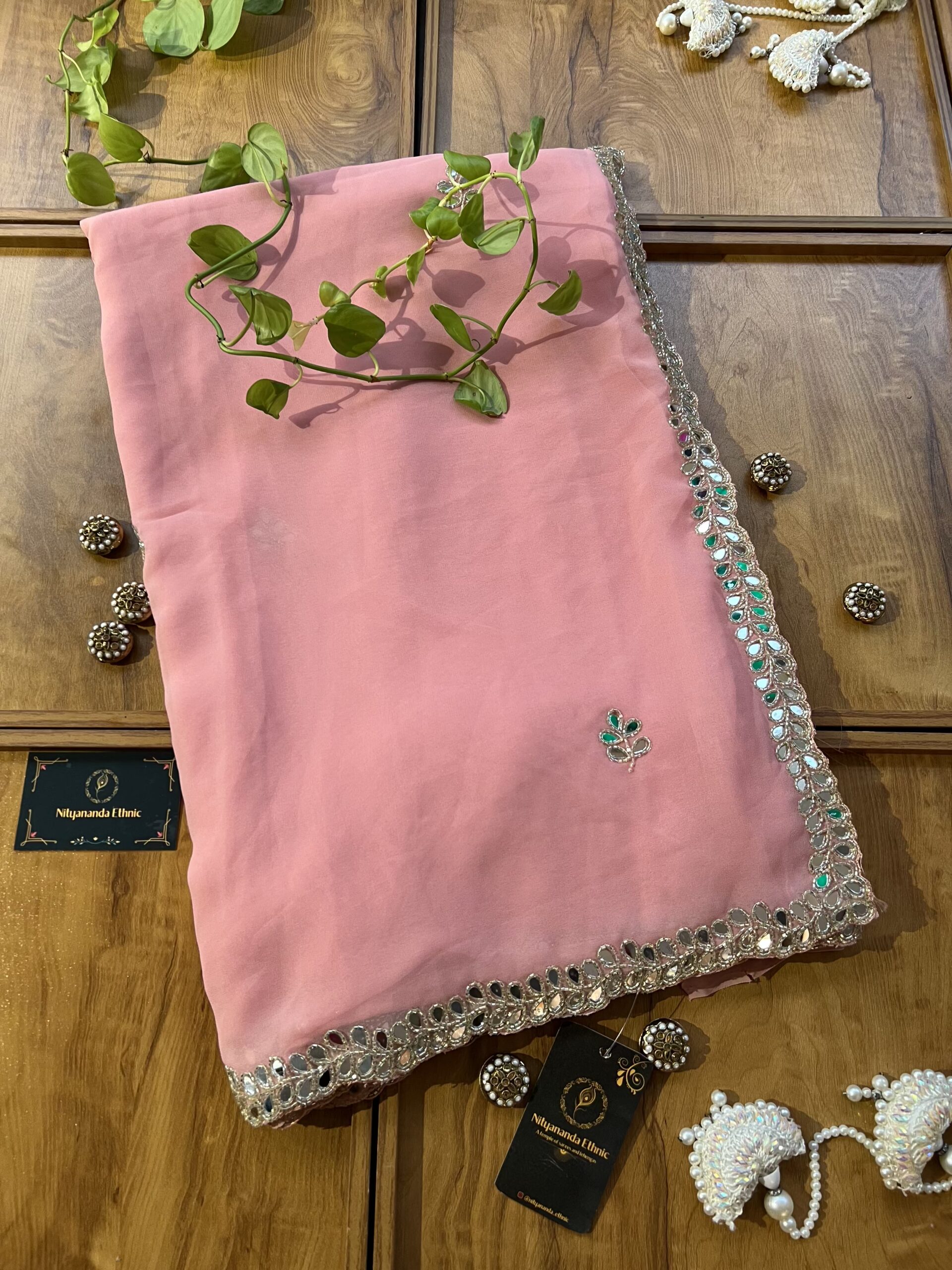 Pink Georgette Handwork Mirror Border Saree