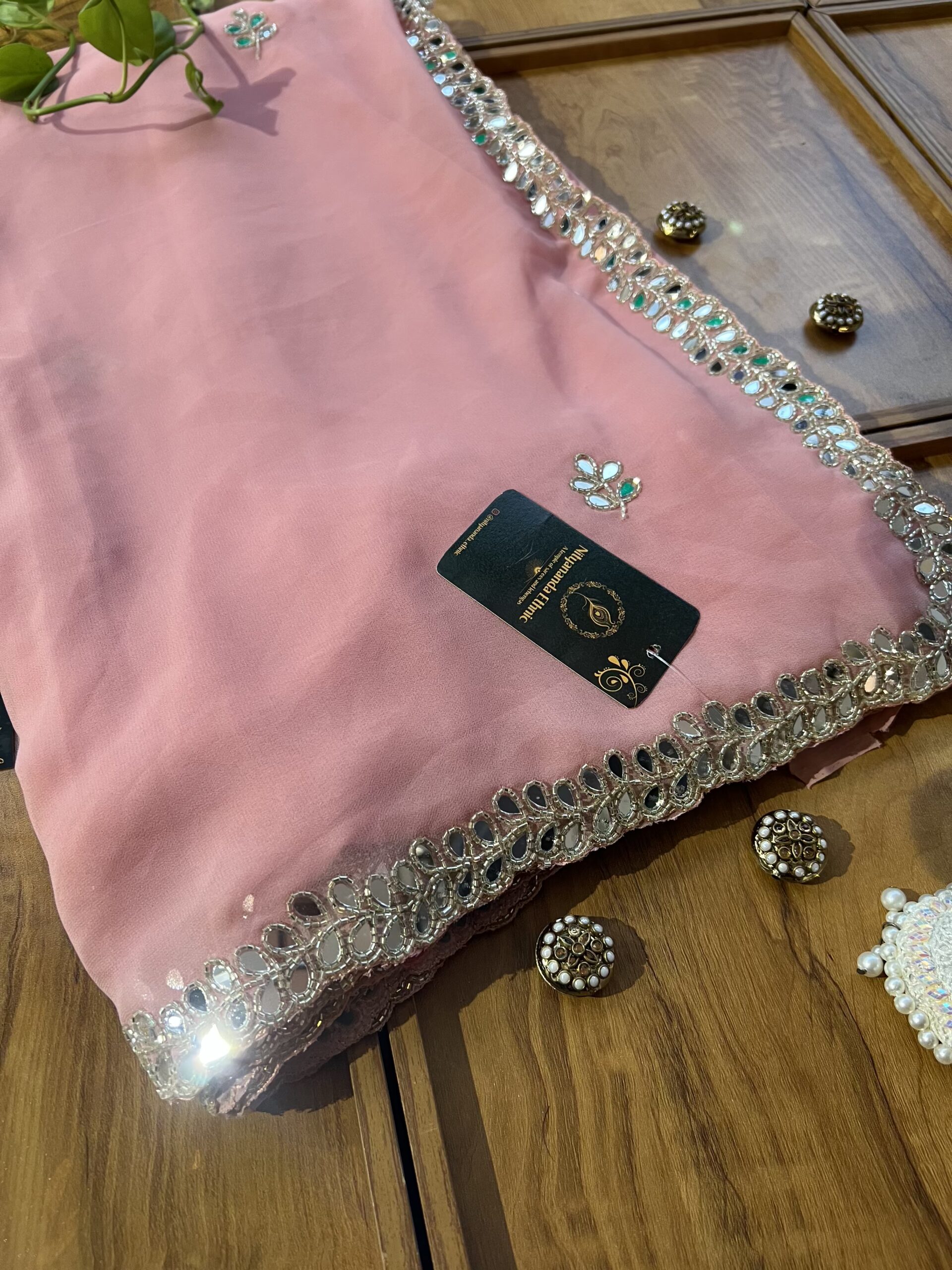 Pink Georgette Handwork Mirror Border Saree - Image 2