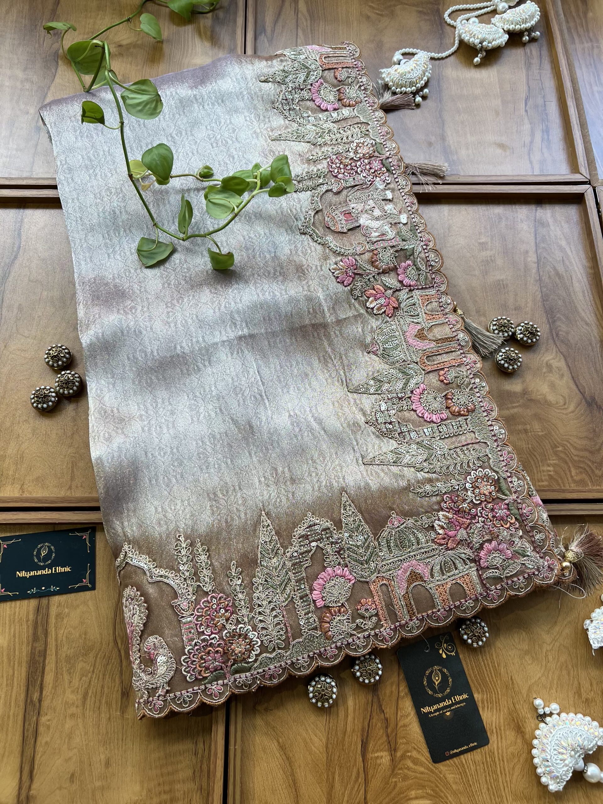 Copper Gold Ombre Self Cosmos Silk Saree with 3D Bagh Landscape Artwork