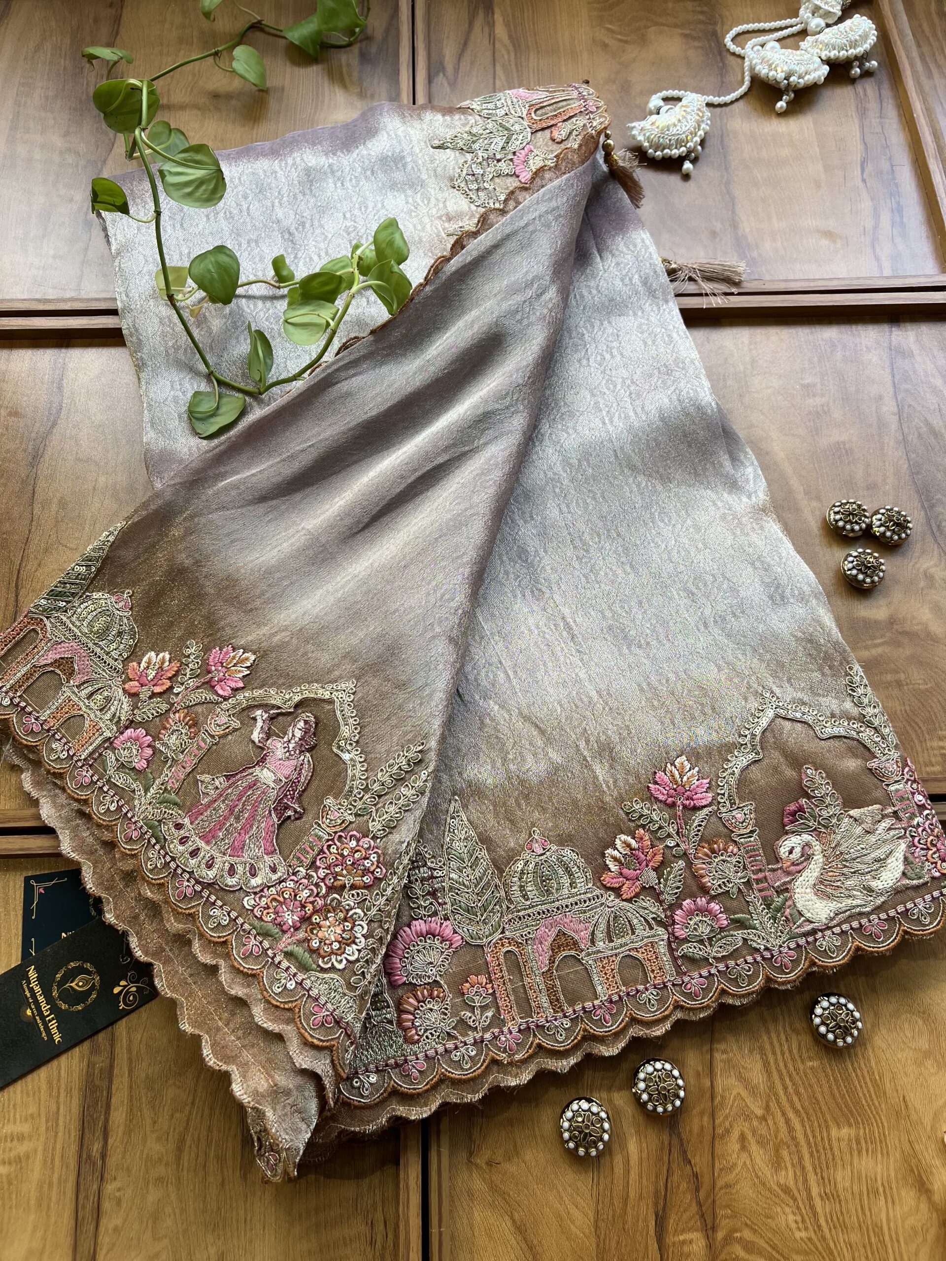 Copper Gold Ombre Self Cosmos Silk Saree with 3D Bagh Landscape Artwork - Image 3