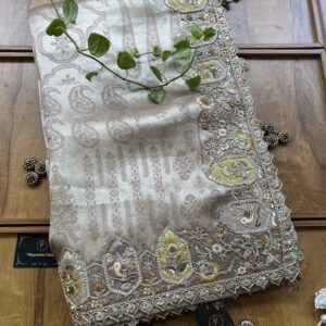 Beige Golden Dora Silk Reverse Weaving 3D Heavy Embroidery Border Saree