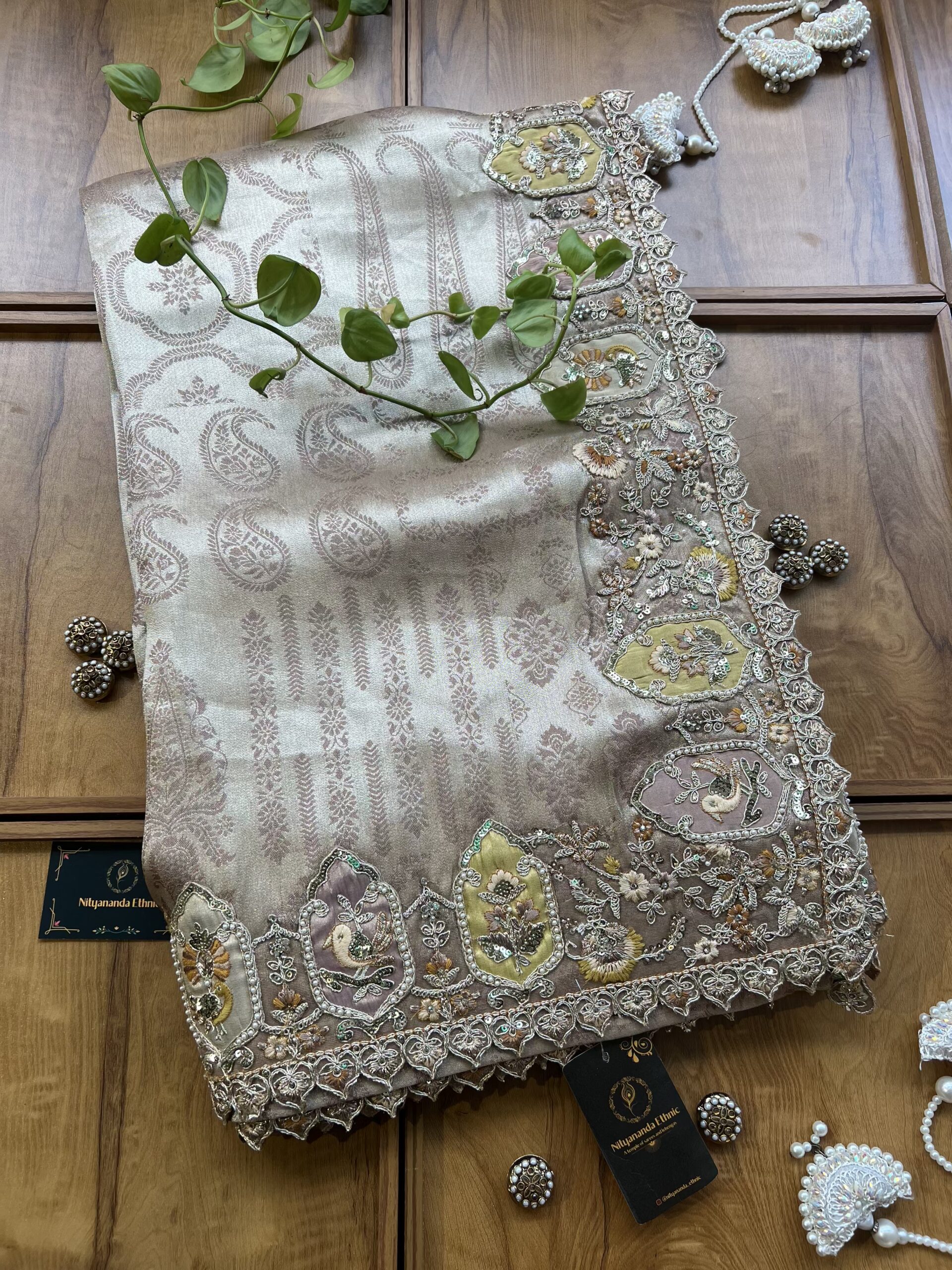 Beige Golden Dora Silk Reverse Weaving 3D Heavy Embroidery Border Saree