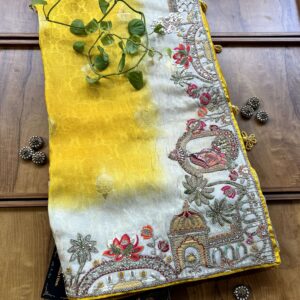 Canary Yellow Ivory Ombre Jacquard Saree with 3D Wedding Artwork