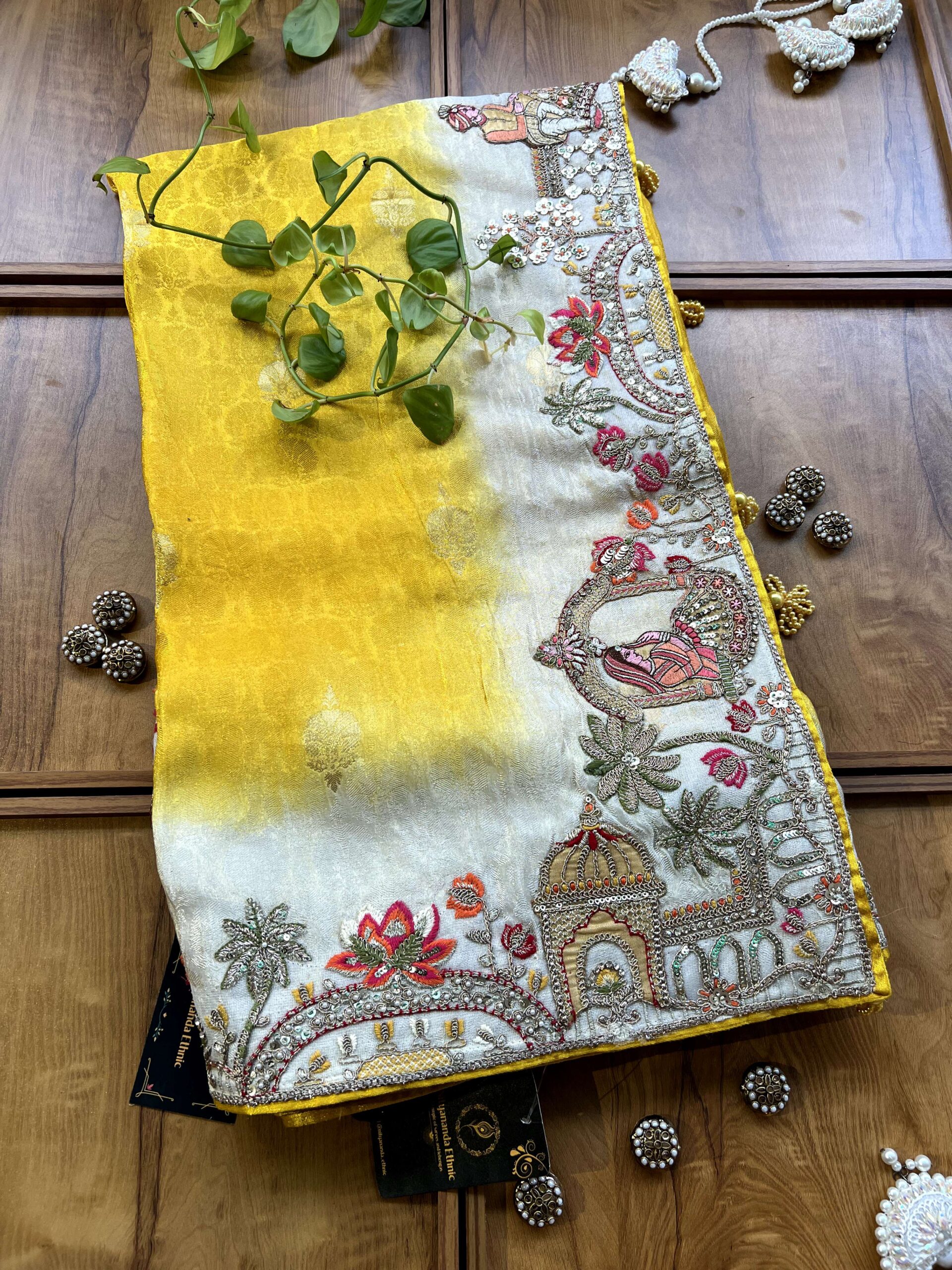 Canary Yellow Ivory Ombre Jacquard Saree with 3D Wedding Artwork
