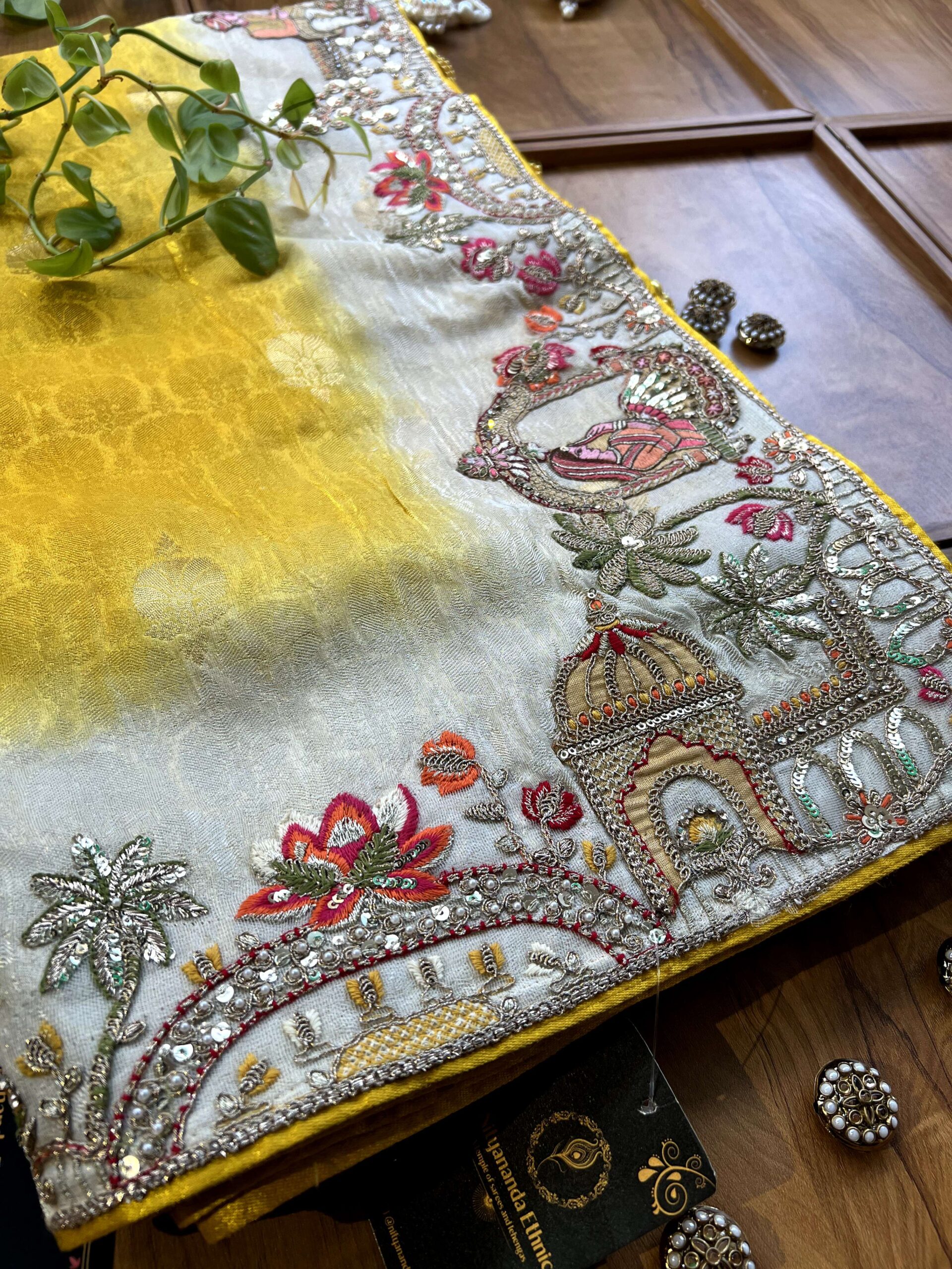 Canary Yellow Ivory Ombre Jacquard Saree with 3D Wedding Artwork - Image 2