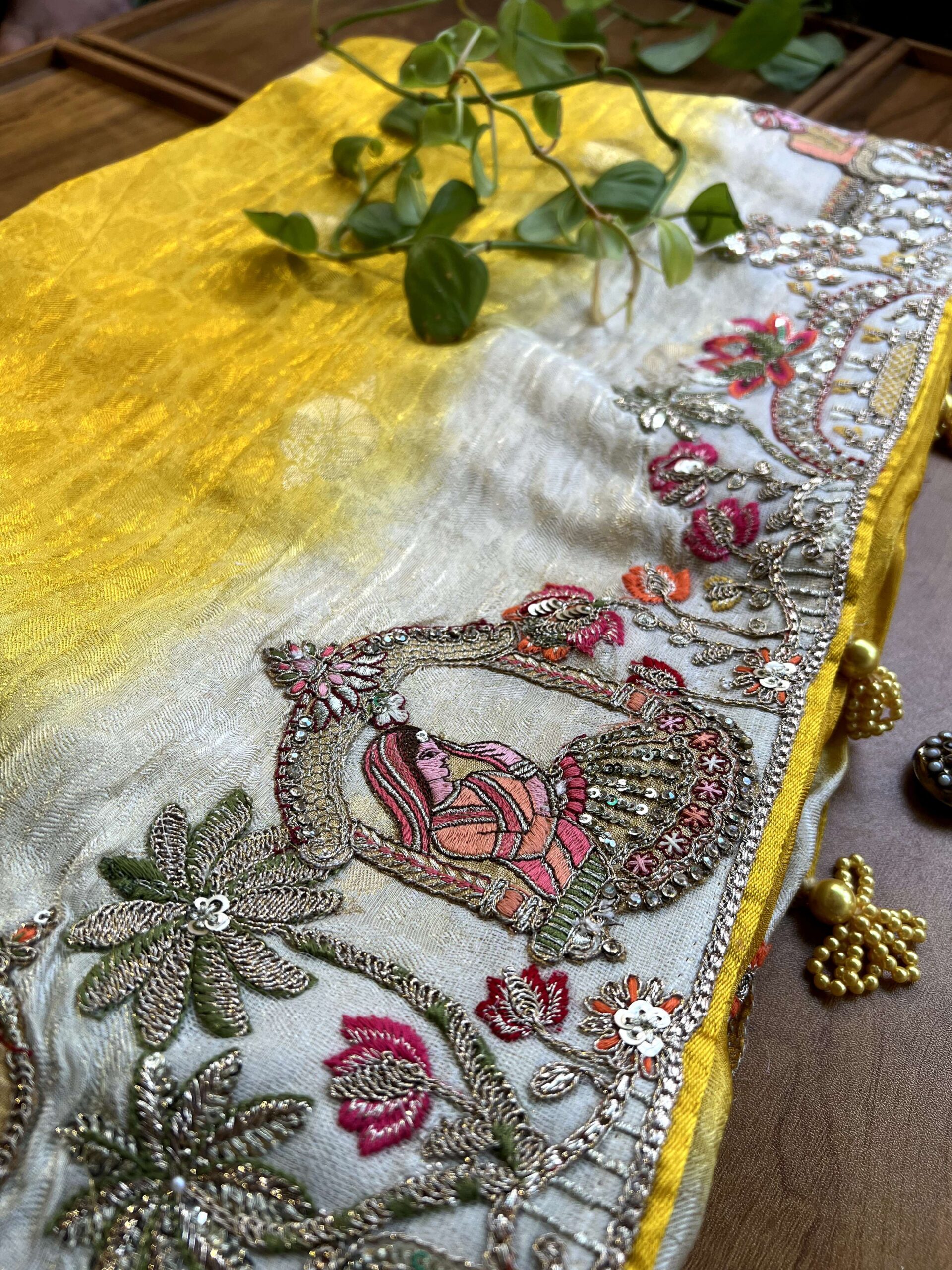 Canary Yellow Ivory Ombre Jacquard Saree with 3D Wedding Artwork - Image 3