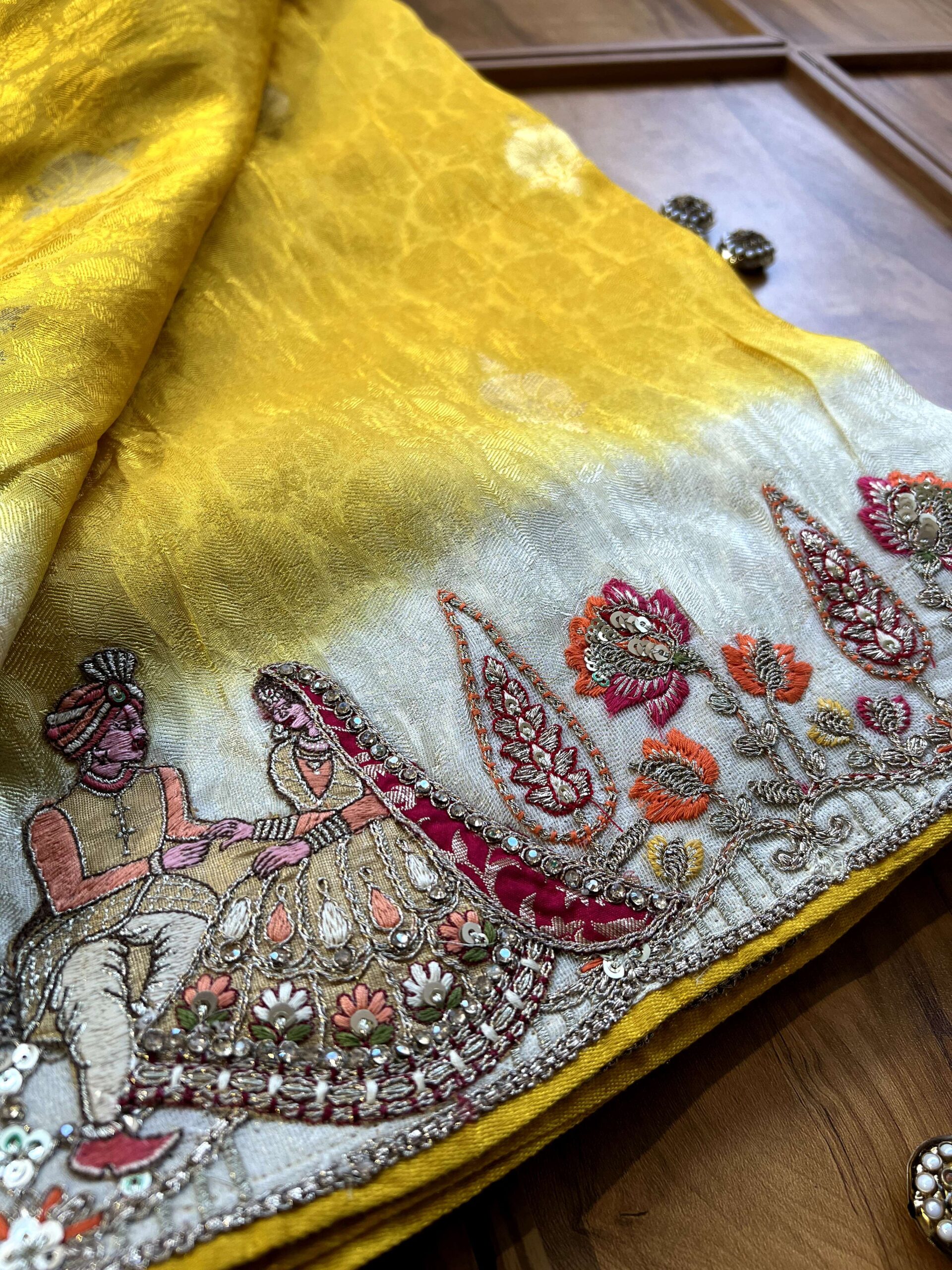 Canary Yellow Ivory Ombre Jacquard Saree with 3D Wedding Artwork - Image 4